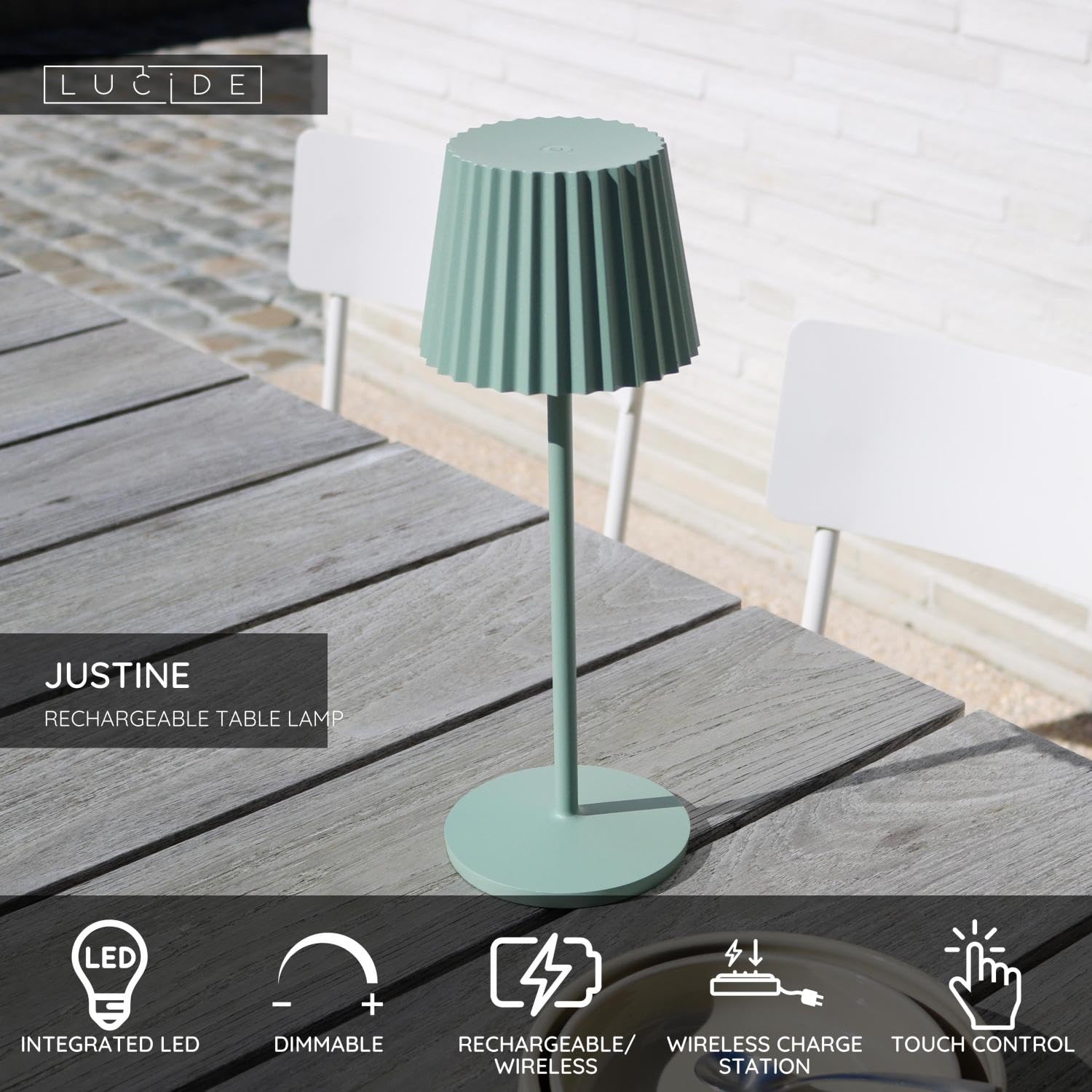 Lucide JUSTINE - wiederaufladbare Tischlampe Außen - Akku/Batterie - LED Dim. - 1x2W 2700K - IP54 - Mit kabelloser Ladestation - Grün
