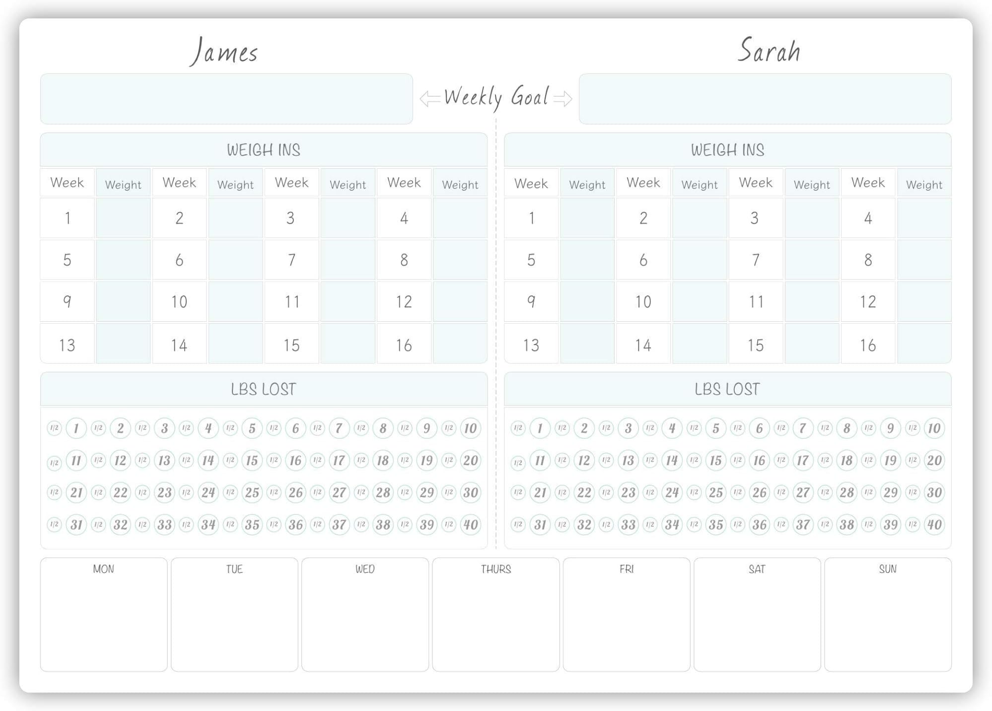 Personalised A4 or A3 Couples Weight Loss Tracker - Menu Planner - Diet Planner - Slimming world - Weight watchers - Weight loss diary
