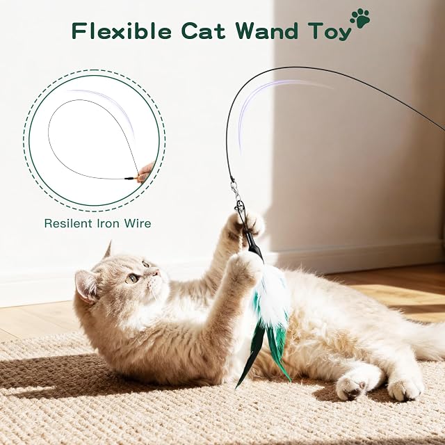 Foto 2 de 8 de Pawaboo Pluma de Juguete para Gato, 21.5cm Interactivo Colector del Gatito de Extra Largo, Varita Cazador…