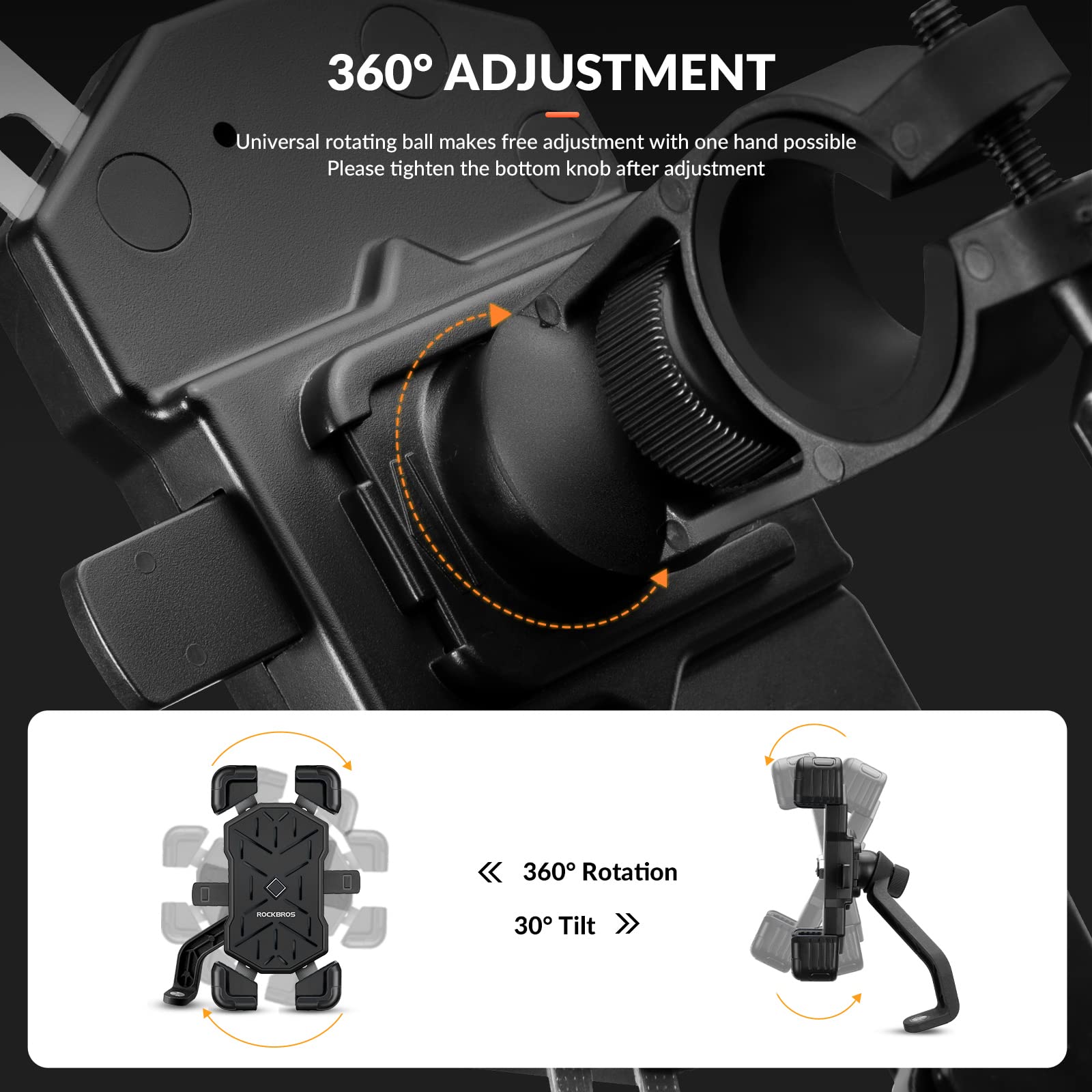 ROCKBROS Supporto Porta Cellulare Bici, Portatelefono per Moto Bicicletta Ebike Monopattino, 360° Rotabile, Blocco Telefono Automaticamente, per Smartphone 4,5”-7,2”, Accessori Bici