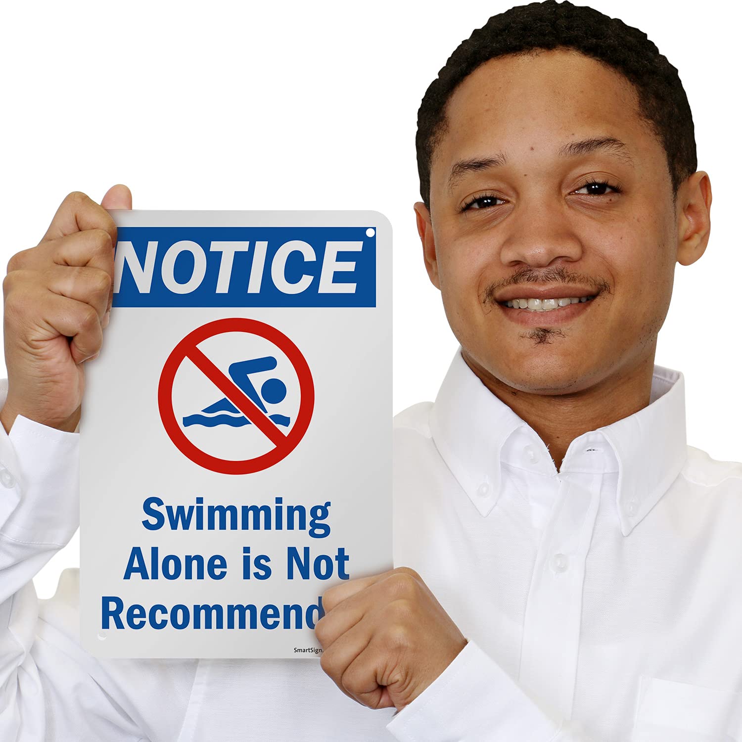 SmartSign 10 x 7 inch “Notice - Swimming Alone Is Not Recommended” Sign, Digitally Printed, 55 mil HDPE Plastic, Red, Blue and White