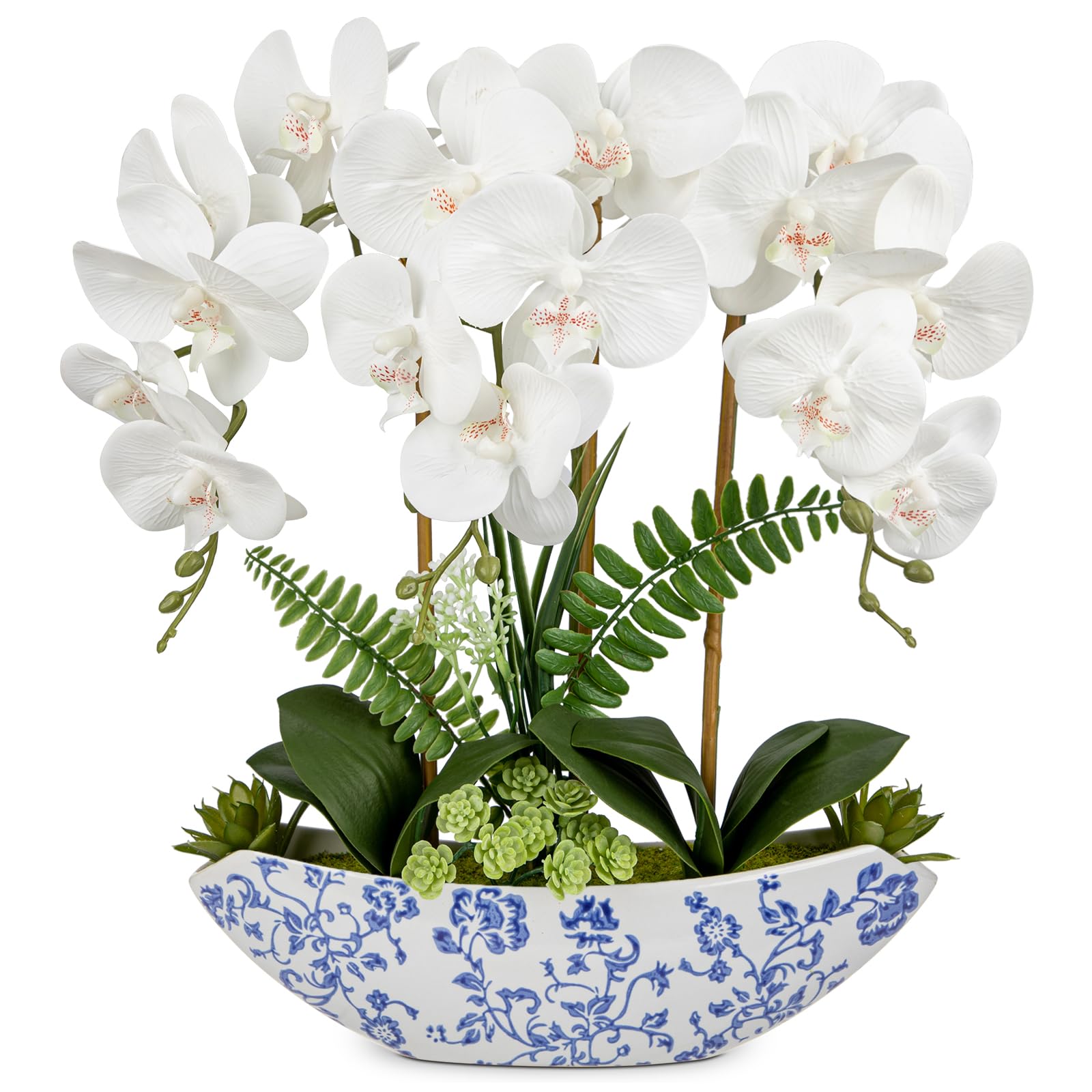 Orquídeas artificiales blancas de 18 pulgadas Briful con jarrón cerámico azul