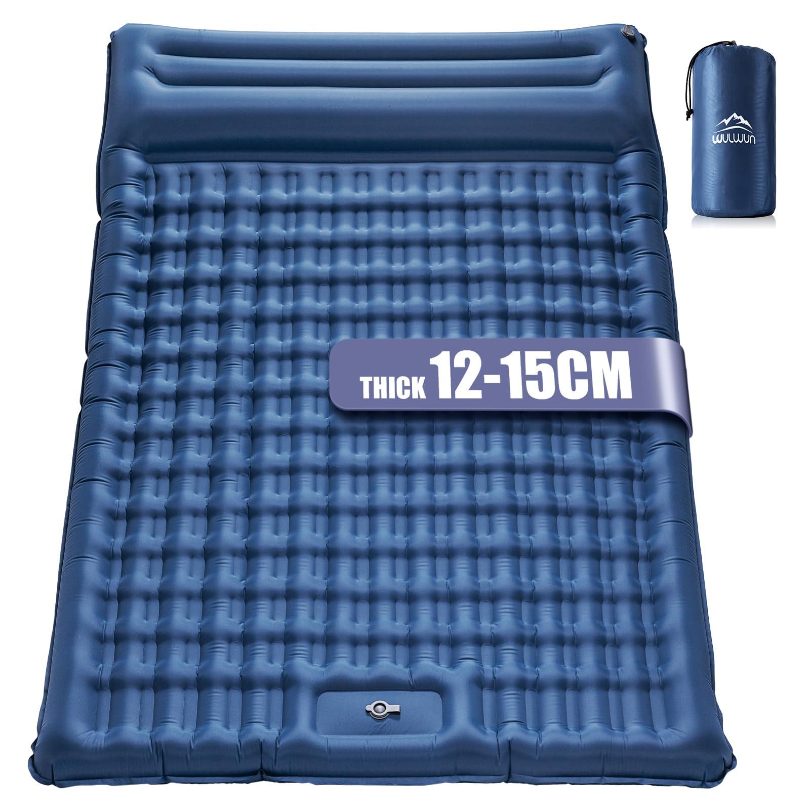 wulwun Colchoneta Autoinflable Camping Double, Colchón Inflable de 12-15CM de Espesor, Colchoneta para 2 Personas con Bomba Integrada Ultra Ligero para Mochila, Senderismo, Viajes Tienda (Azul)