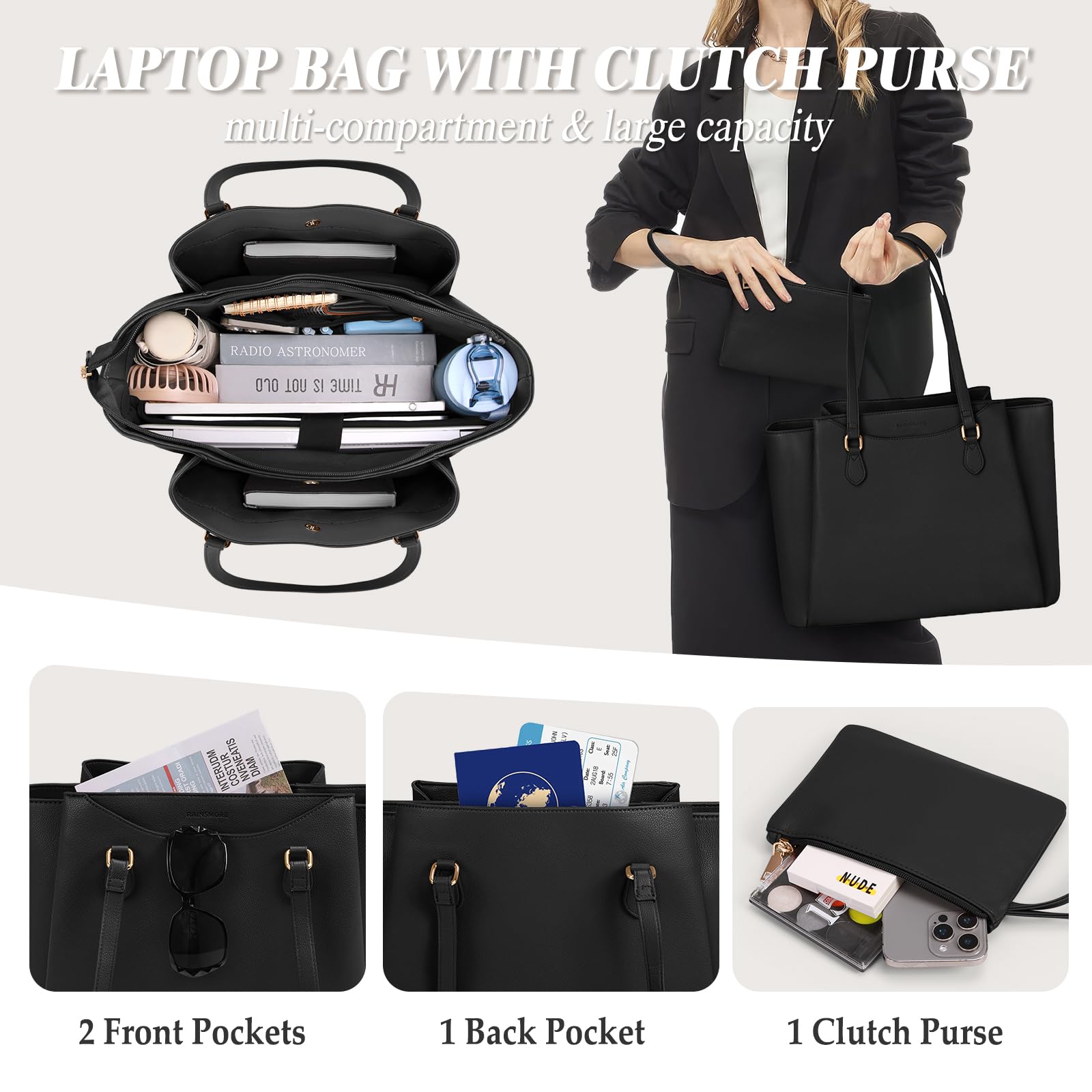 RAINSMORE Handtasche Damen 15,6 Zoll Shopper Tote Bag PU Leder Laptoptasche Business Schwarz
