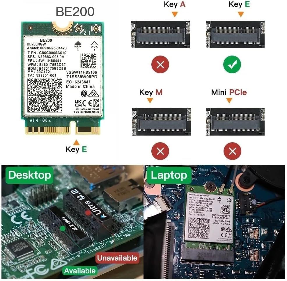 WiFi 7 BE200 M.2 Key E Network Card, 9.3Gbps, 2.4G/5G/6GHz, Bluetooth 5.4, Windows 10/11 Compatible