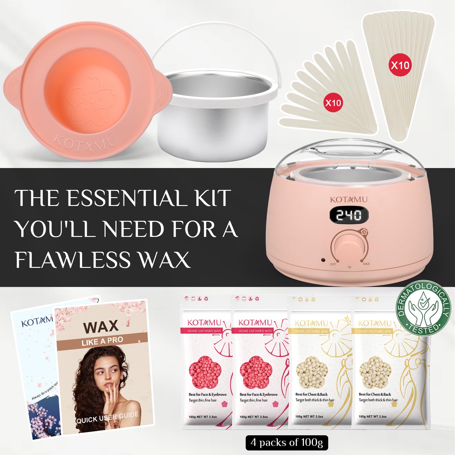 KOTAMU Wax Kit Pink Digital Hair Removal Waxing Kit for Women & Men Hot Wax Warmer Pot for Face, Eyebrow, Body, Brazilian, Bikini, Sensitive Skin Waxing Machine with 25 Accessories for Home Salon - Image 4