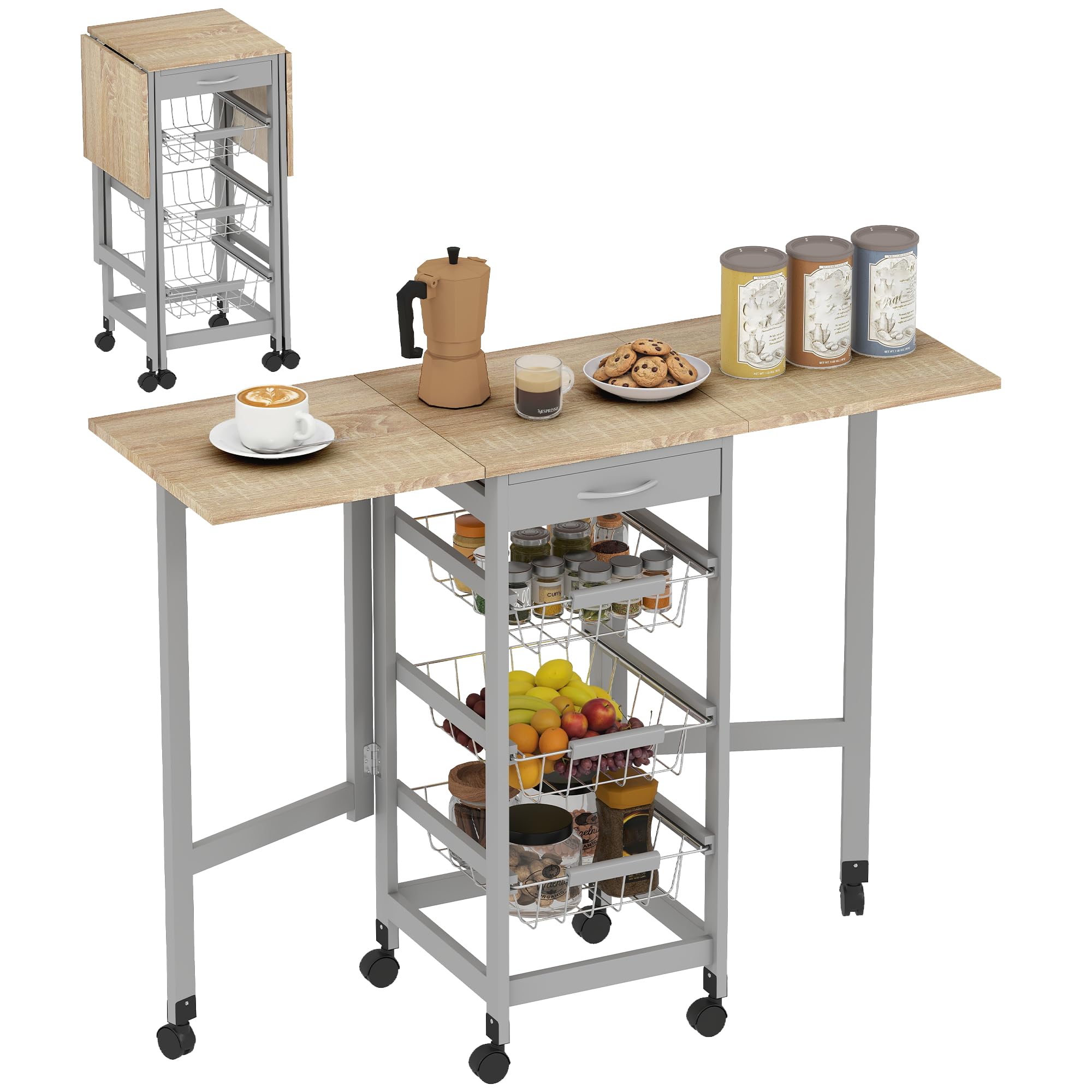 HOMCOM Carrito de Cocina con Alas Plegable, Carrito Auxiliar con Ruedas, Verdulero con Cajón y 3 Cesta de Metal, 97,2x37x77,5 cm, Gris y Roble