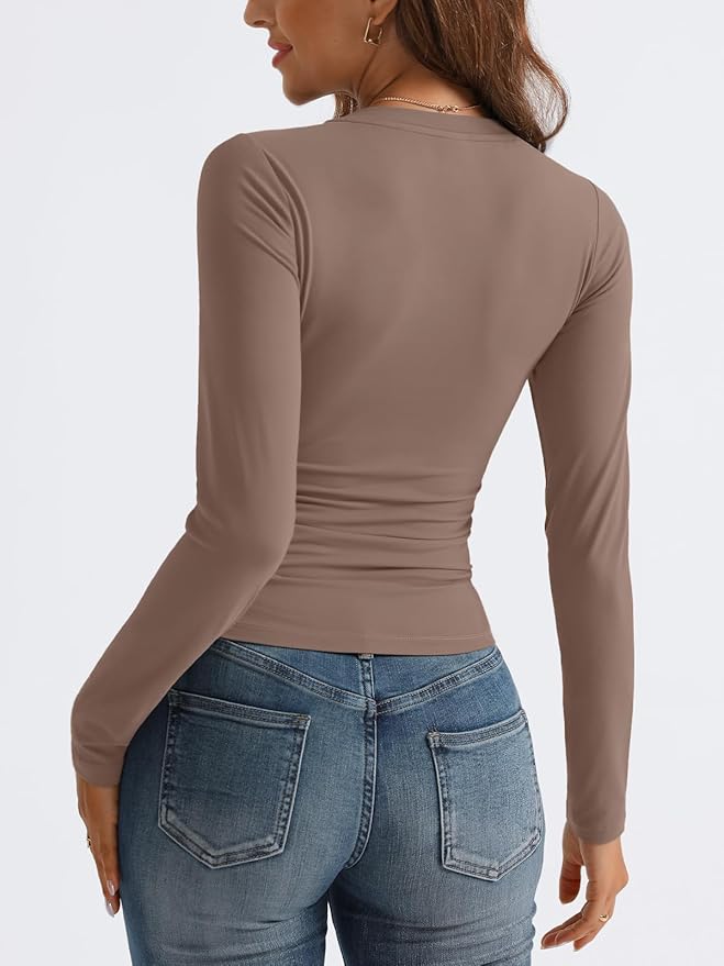 Trendy Queen Long Sleeve Shirts V Neck Crop Tops Slim Fitted Y2K Tops