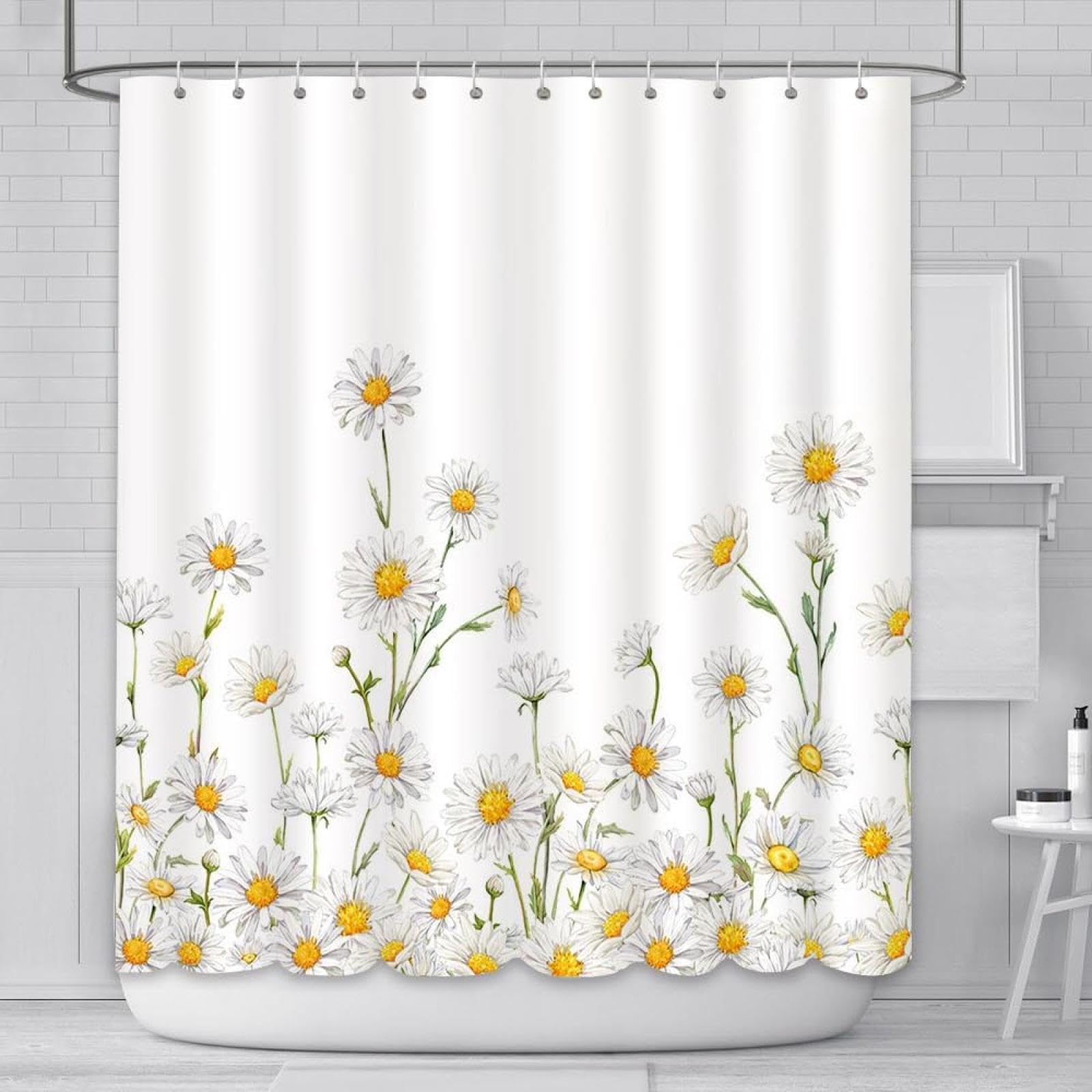 Tenda da doccia floreale con margherite bianche, decorazione per il bagno in stile country, con 12 ganci, 140 x 230 cm, elegante accessorio da bagno impermeabile, design floreale per la casa