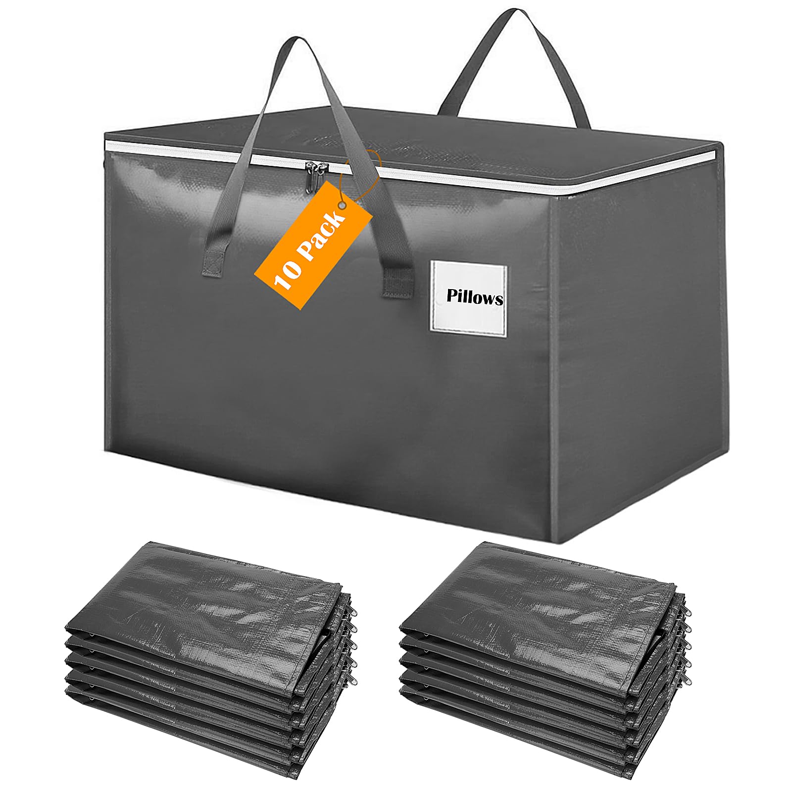 Withosent 100L Borsa Portaoggetti Grande, 10 Pezzi Impermeabile Borse di Stoccaggio Trasloco con Cerniera e Maniglia, Pieghevole Scatole Armadio Viaggio per Vestiti, Coperte, Trapunte, Grigio