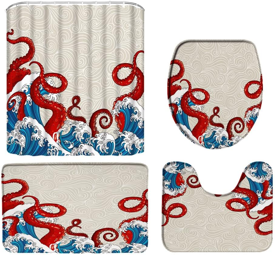 4 Piece Nautical Octopus Shower Curtain Sets Red Kraken Tentacles Sea Ocean Marine Life with Non-Slip Rugs Toilet Lid Cover and Bath Mat Bathroom Decor Set.
