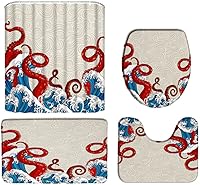 Vista 3 de Juego de 4 cortinas de ducha náuticas de pulpo, tentáculos Kraken rojos, vida marina marina con alfombras antideslizantes, cubierta de tapa