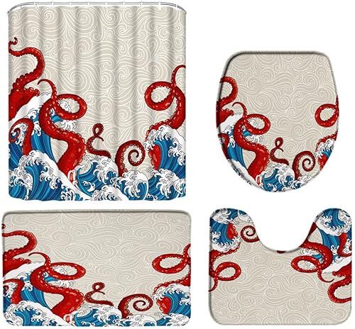 Miniatura 3 de Juego de 4 cortinas de ducha náuticas de pulpo, tentáculos Kraken rojos, vida marina marina con alfombras antideslizantes, cubierta de tapa