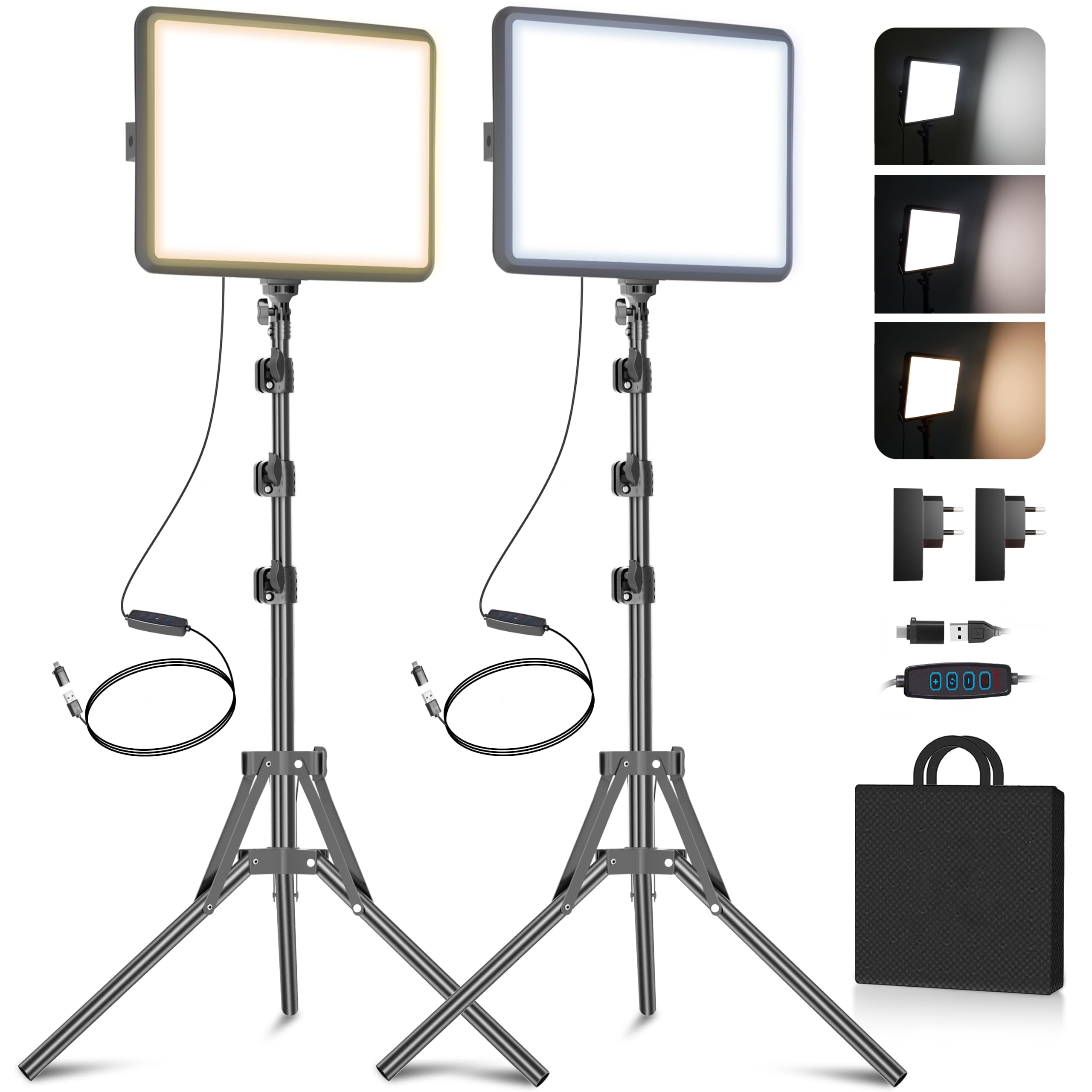 Kit di illuminazione per fotografia, confezione da 2, 25 x 20 cm, luce LED per studio video, luce dimmerabile da 15 W, per registrazione video, streaming selfie e ritratti interni, luce con
