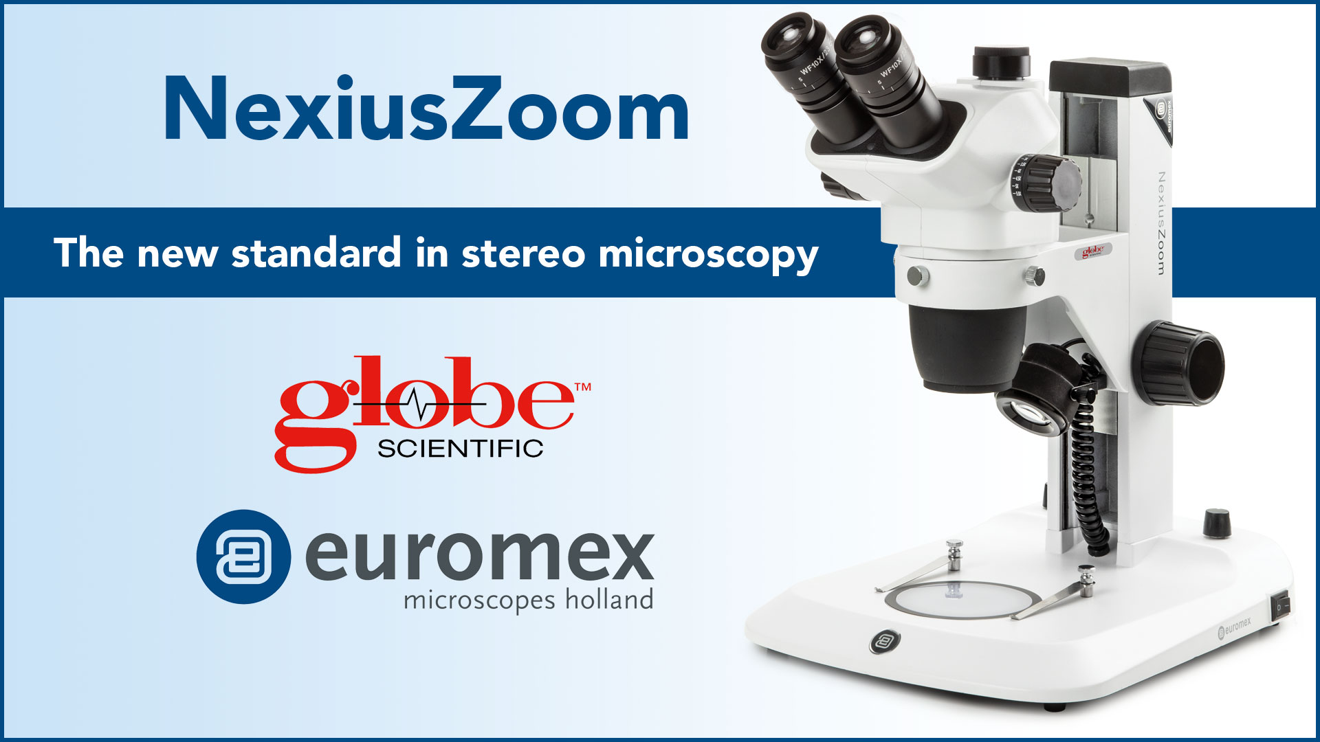 Image of Trinocular Stereo Zoom Microscope NexiusZoom EVO, 0.65x to 5.5X Zoom Objective, Magnification 6.5X to 55x Rack Pinion Stand Incident and Transmitted 3W LED Illuminations, Globe Scientific | Euromex
