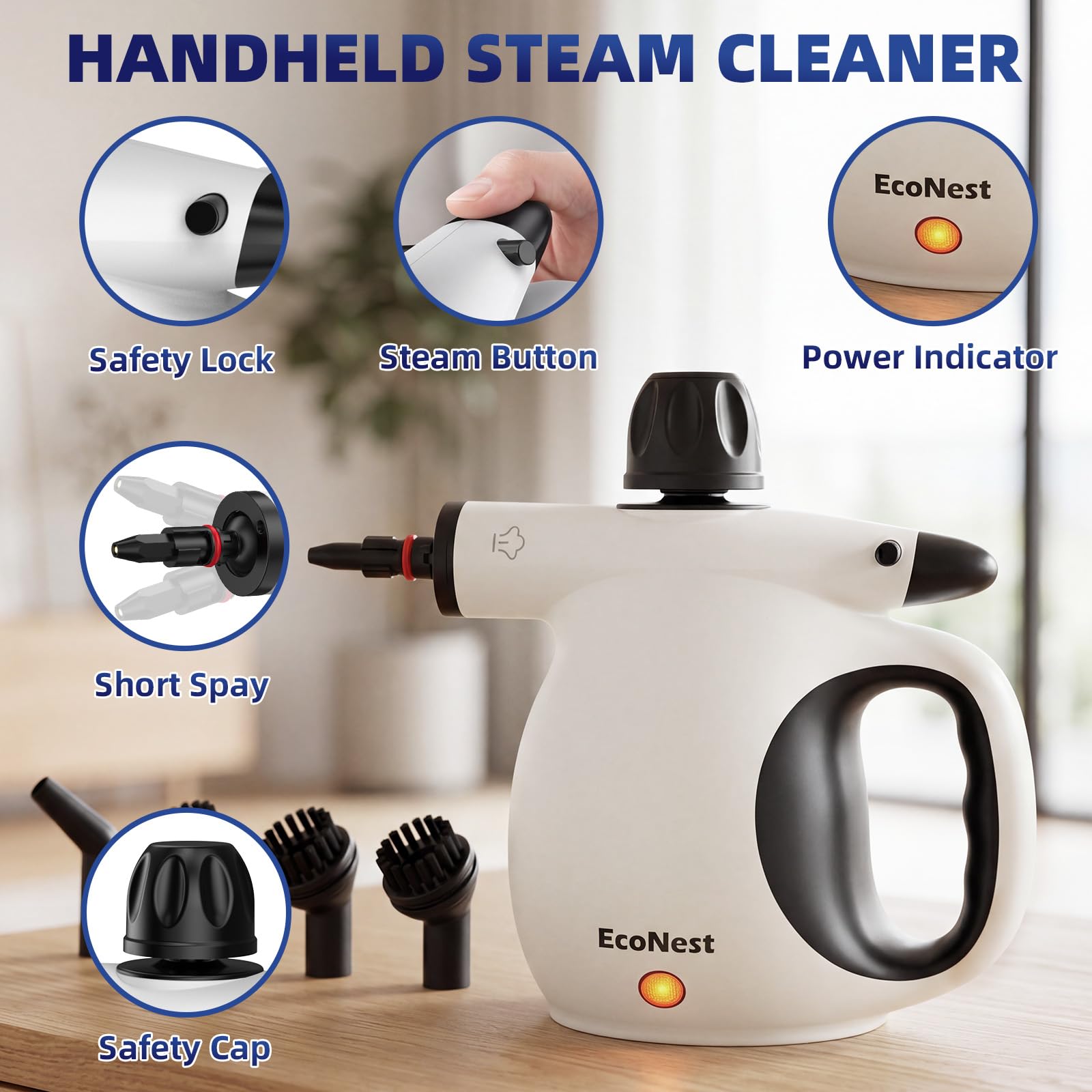 Dampfreiniger Handgerät 450ML Tank mit 12 Zubehöre leistungsstarker Dampfreiniger mit Sicherheitssperre, geeignet für Auto, Polster, Böden, Küche, Fenster und viele weitere Einsatzbereiche
