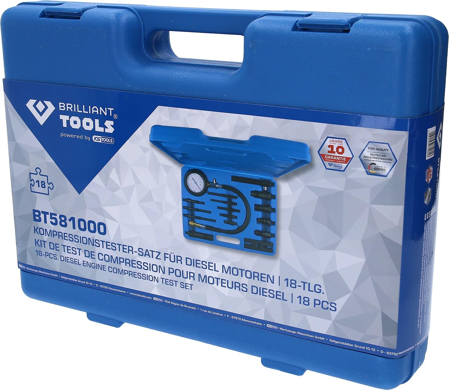 BRILLIANT TOOLS BT581000 Juego de comprobador de compresión para motores diésel, 18 pzs [Powered by KS TOOLS]
