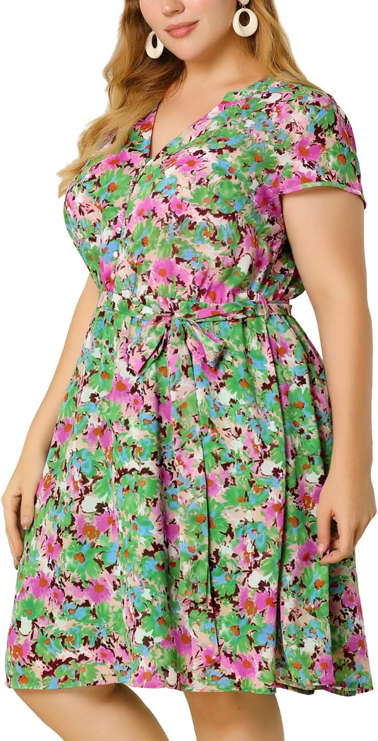 Agnes Orinda Dresses for Women Plus Size 2024 V Neck Short Sleeve Tie Waist Sundress Summer Casual Midi Dress - Image 2