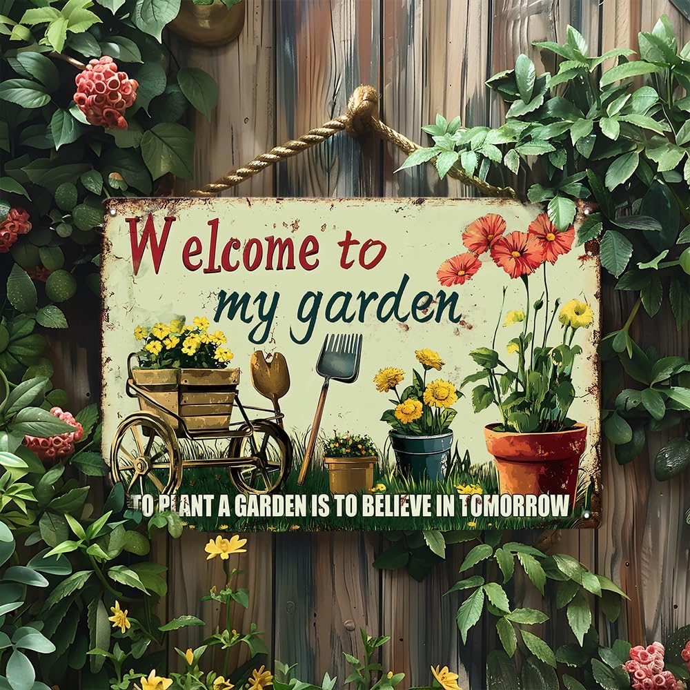 Welcome to My Garden Tin Sign Vintage Metal Sign Flowers and Tools Gardening Gifts Decorations for Home Greenhouse Living Room Bedroom Yard Backyard Outdoor Decor 8X12 Inch - Image 4