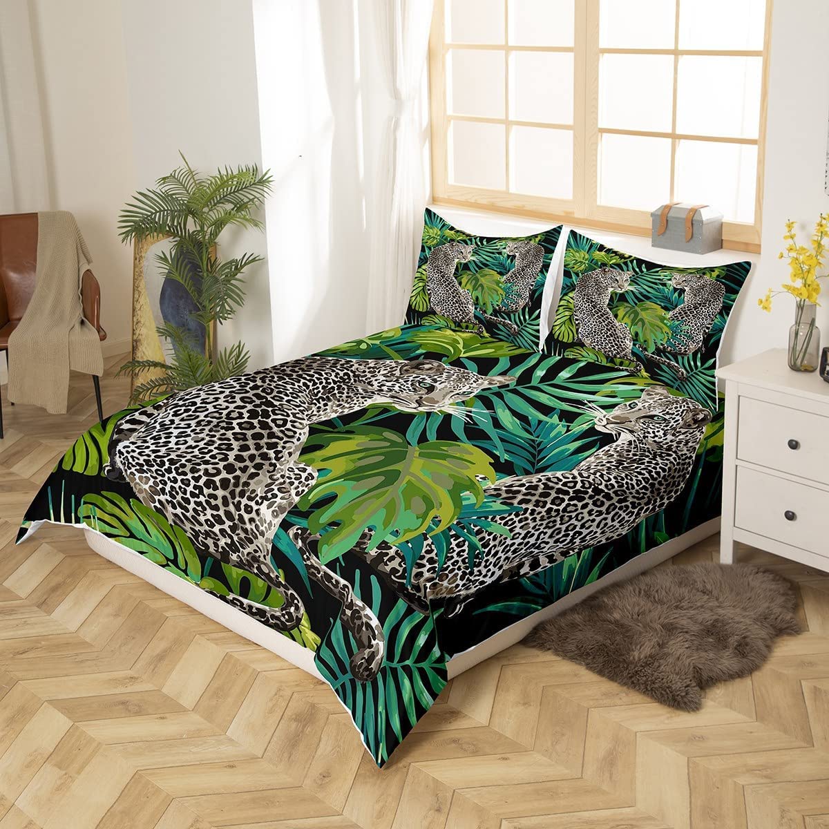 Homewish Funda de edredón con estampado de leopardo 3D, funda de edredón con estampado de guepardo, hojas de palma tropicales, juego de ropa de cama de animales de safari africano, funda de edredón de
