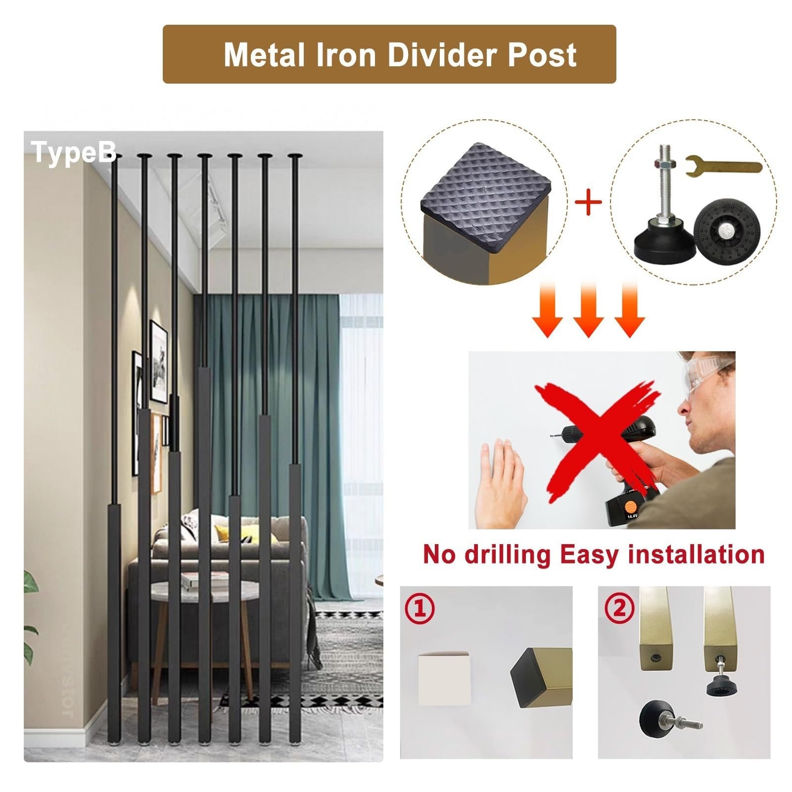 Paravent d'intimité portable avec cadre en fer, cloison réglable pour décoration de maison et de bureau