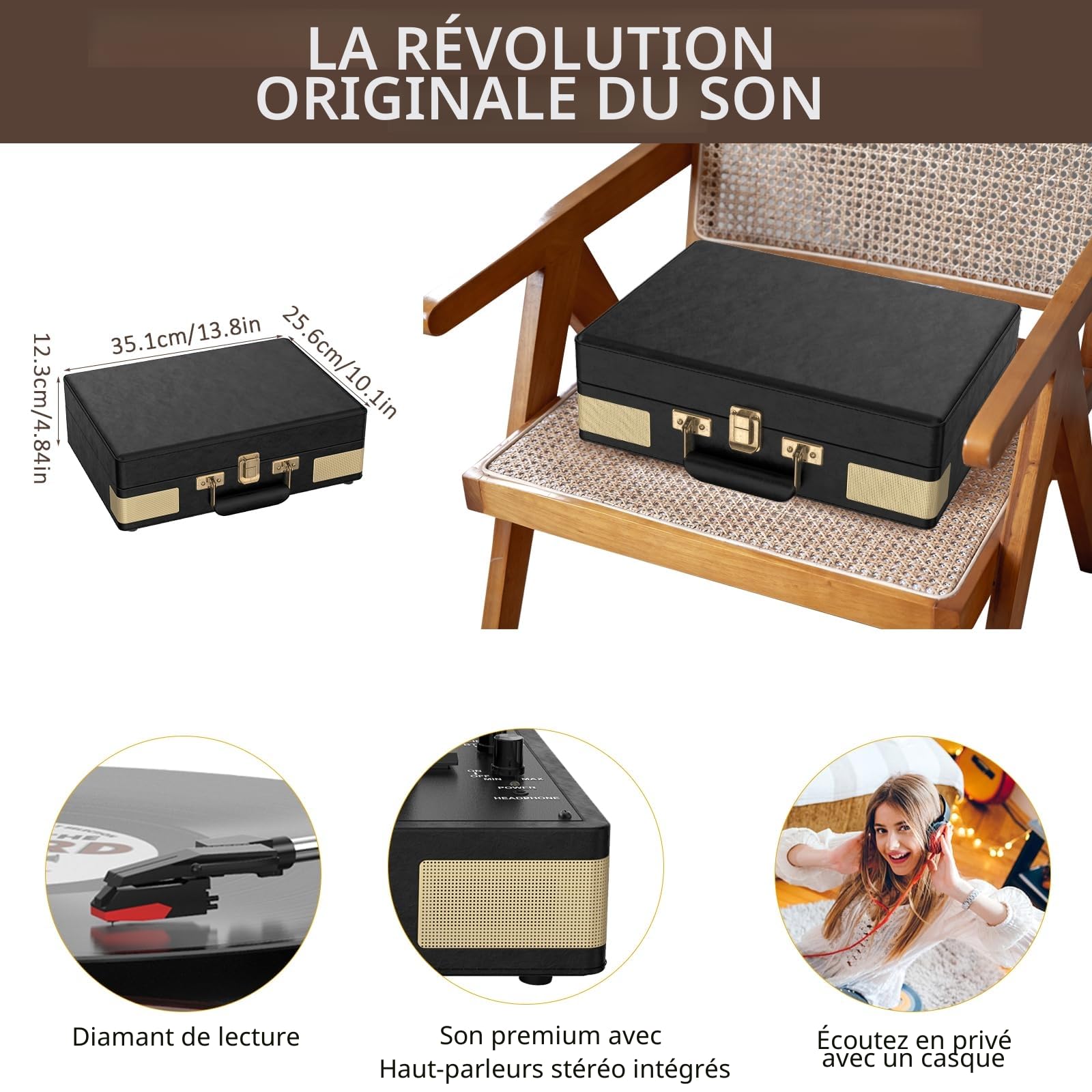 Trynnay Tourne-disque 3 vitesses Bluetooth portable Valise lecteur vinyle avec haut-parleurs intégrés Tourne-disque Son audio amélioré Cuir PU Vintage Noir