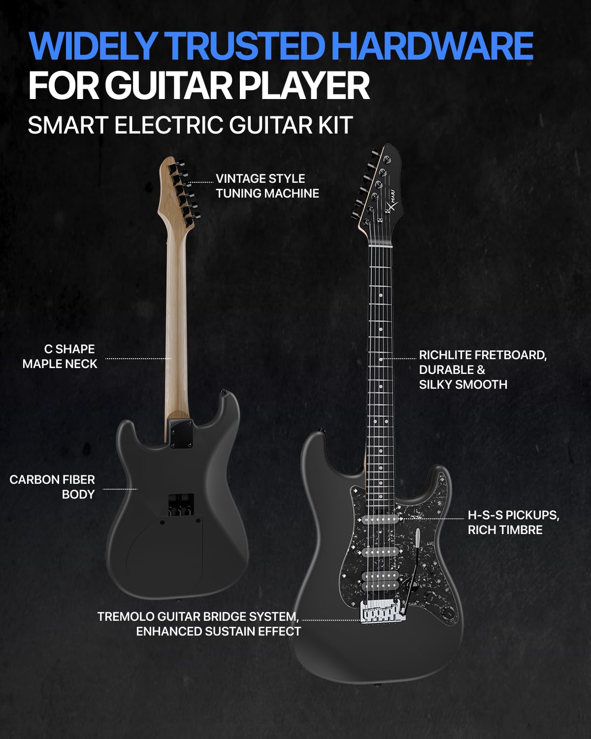 Enya XMARI Guitare électrique intelligente avec effets DSP intégrés, 4 préréglages, enregistrement USB-C OTG, sortie casque, micros en céramique personnalisés, corps en fibre de carbone, avec sac de