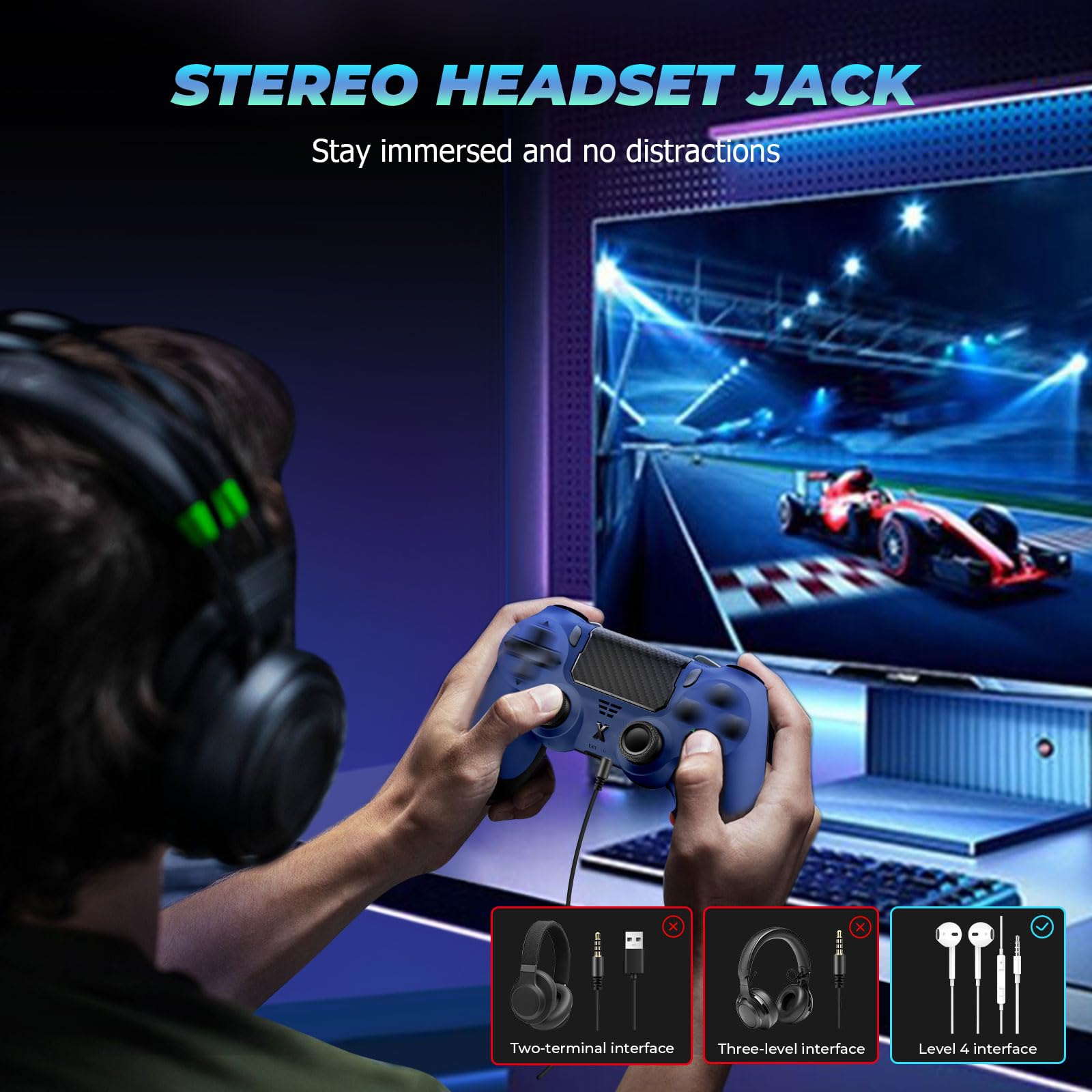 Suoxiom Wireless Controller for PS4, Game Controller for P4/Slim/Pro/PC, Bluetooth Gamepad Joystick with Vibration Touch Panel, Upgraded Six-Axis Sensor, 3.5mm Audio Jack(Midnight Blue) — view 7