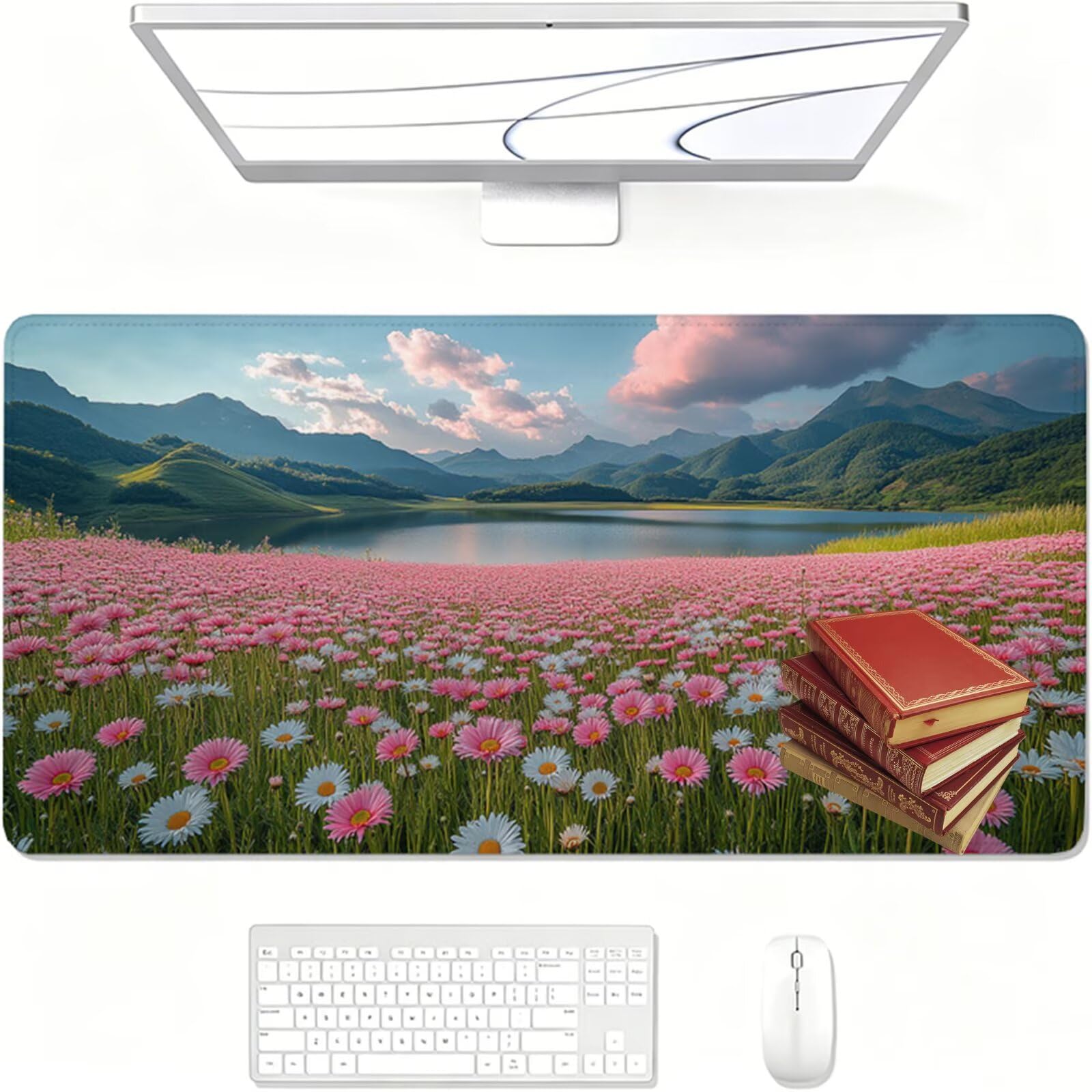 Tappetino Mouse XXL, 1400x600x3mm Tappetino per Mouse con rosa, Tappetino Scrivania da Gaming in Gomma Antiscivolo di Grande Dimensione per Computer Gamer prato XF-31