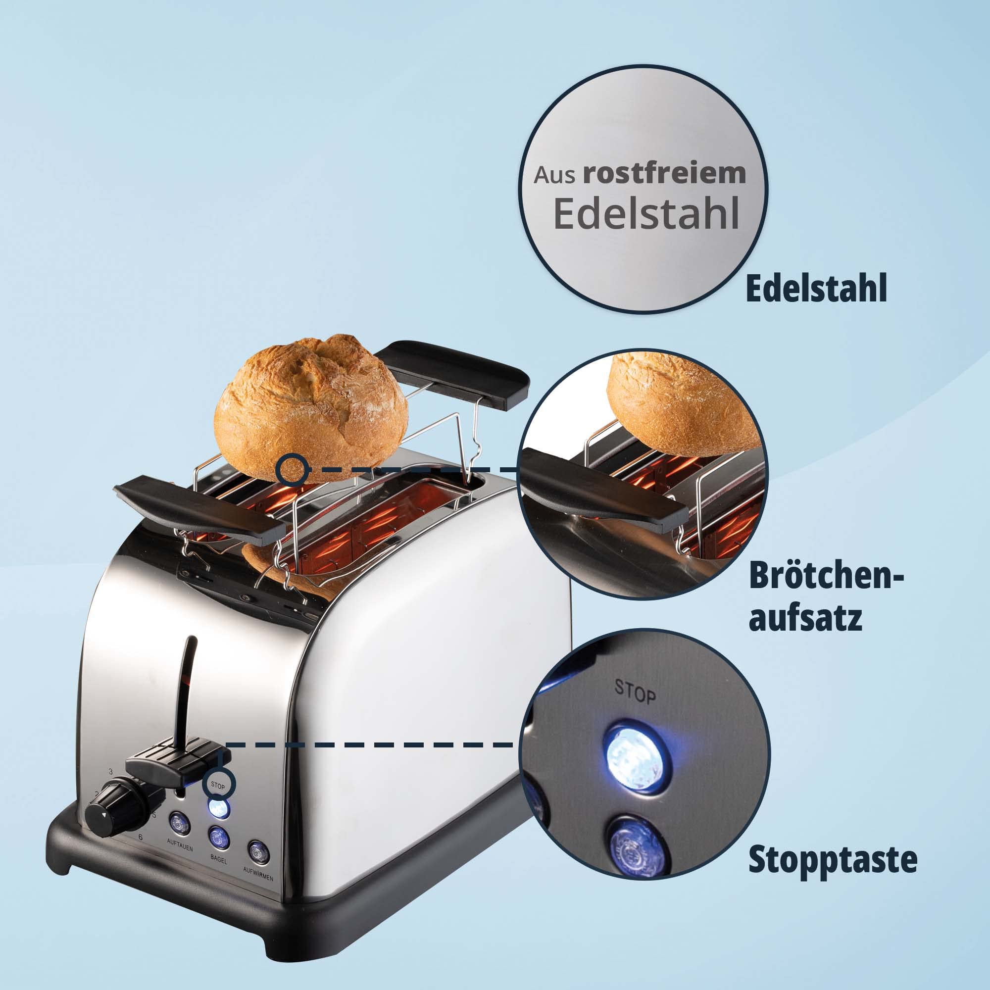 KHG Edelstahl Toaster in Chrom Optik mit Brötchenaufsatz, 2 Scheiben | 6 Bräunungsstufen mit Bräunungskontrolle, Krümelfach | 1000W Leistung | Außengehäuse - Retro Vintage, American Diner Style