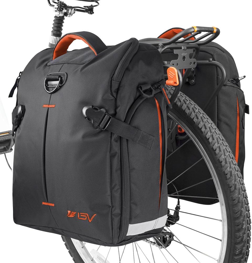 BV Bike Panniers Bags (Pair), Large Capacity, 14 L (each pannier), Black with Detachable Shoulder Straps and All Weather Rain Covers (Quick Release Hook - Orange)