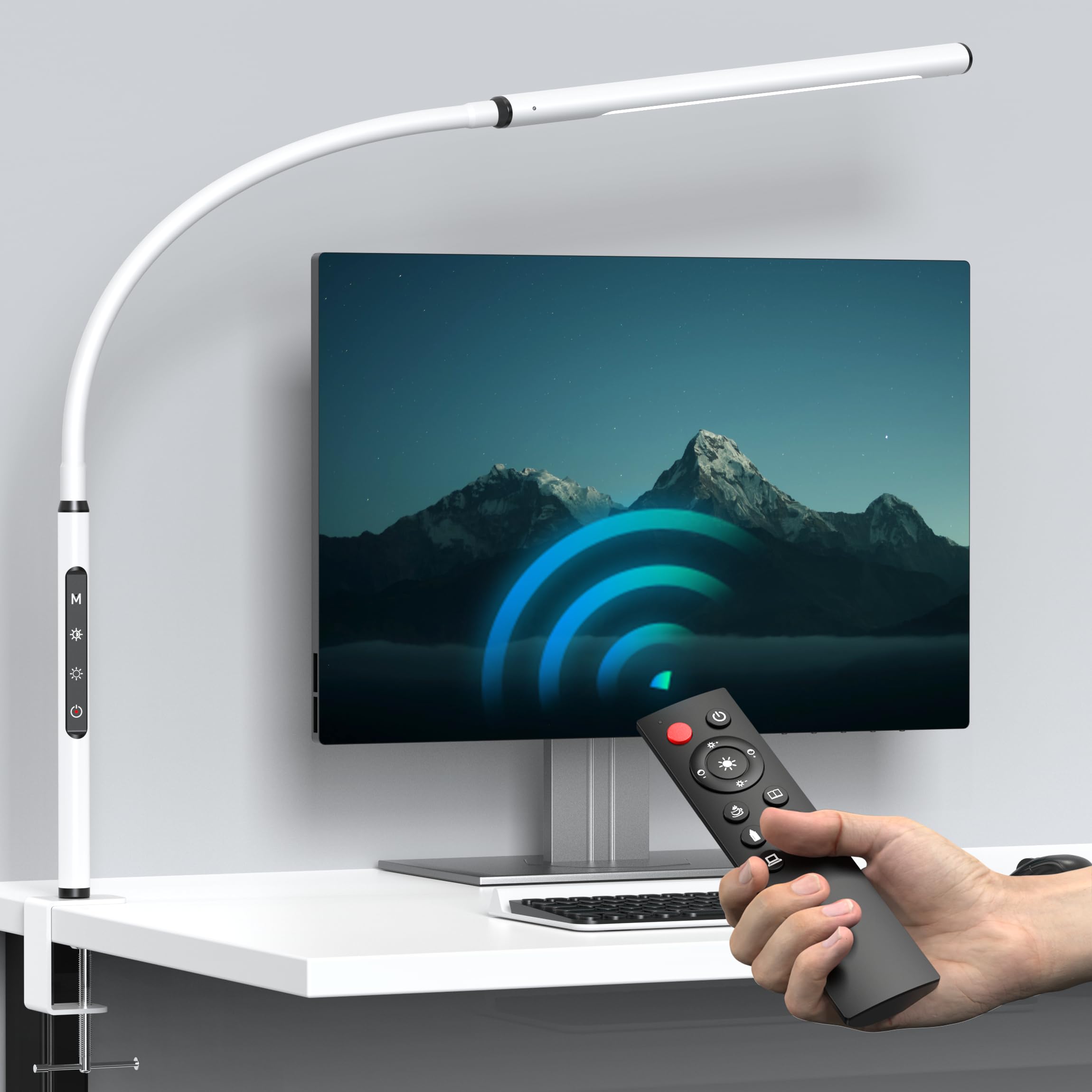 EYOCEAN - LED Desk Lamp with Remote Control, Clamp Lamp with Adjustable Gooseneck, Dimmable and Adjustable Color Temperature, 12W, Matte White