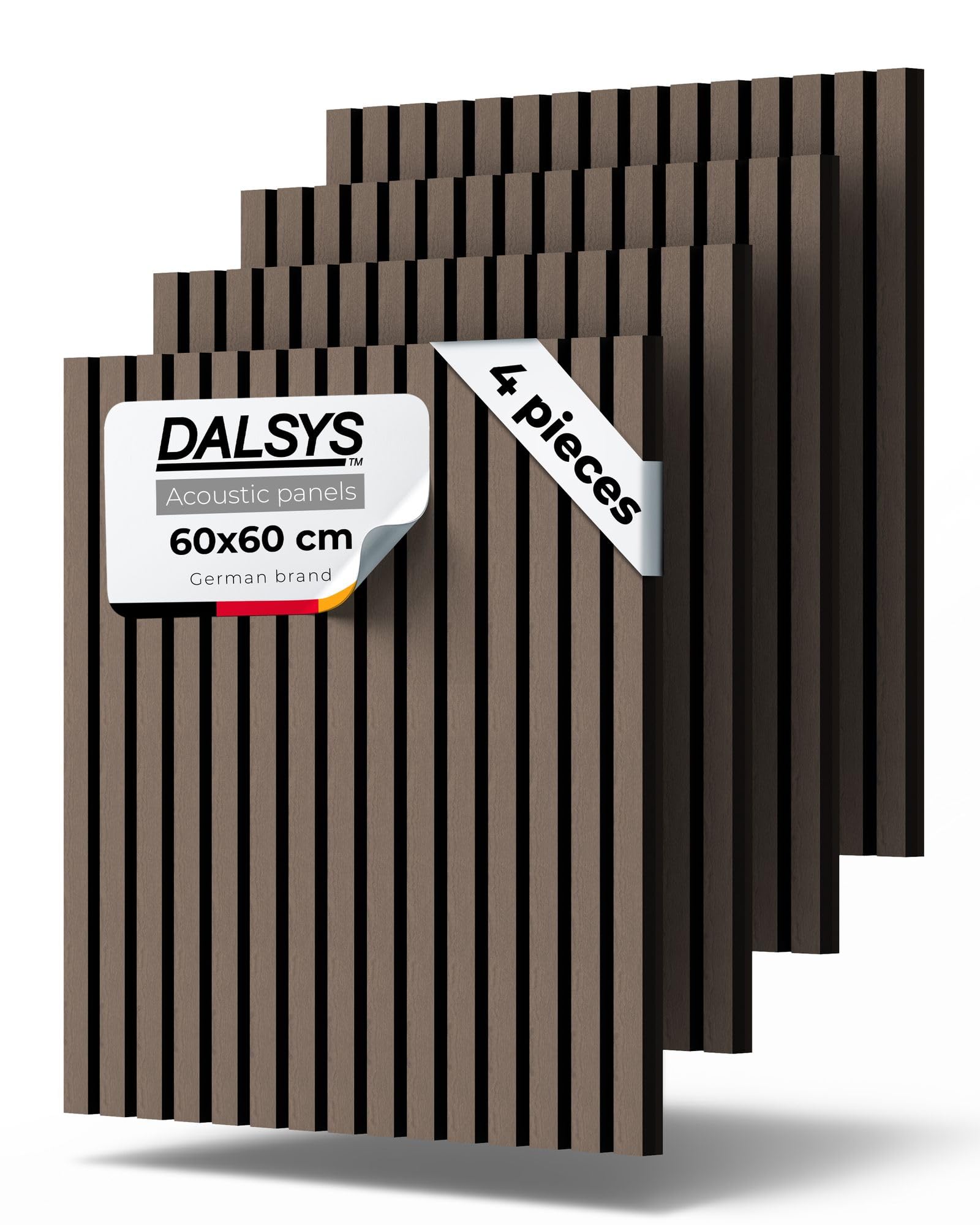 Dalsys Walnut 4X Wooden Acoustic Panels 60 X 60Cm (23.6" X 23.6"), Wall Cladding, Slatted Wall Panels, Acoustic Boards With Sound Insulation For Better Room Acoustics