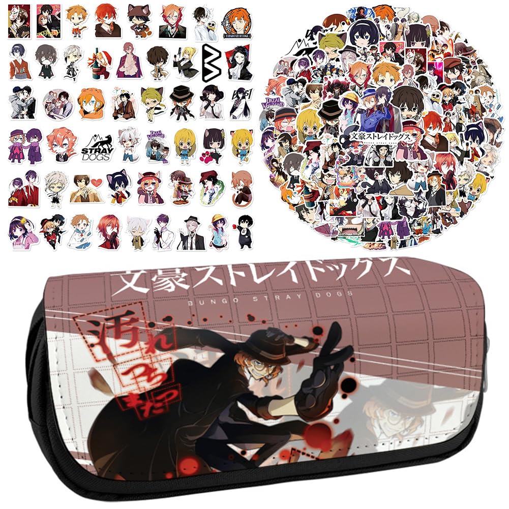 Bungo Stray Dogs Anime Printed Pencil Case Student Stationery Bag Large Capacity Double Layer Pencil Bag Free 100 pcs Anime Stickers Cartoon Graffiti Waterproof Stickers