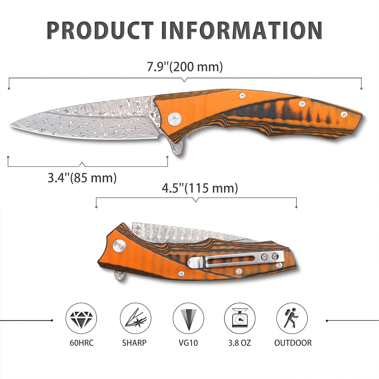 VALHALLA Damascus Pocket Knife for Men, 3.4" Handmade Forged VG10 Damascus Steel Blade, Damascus Blade Utility Knife with Pocket Clip