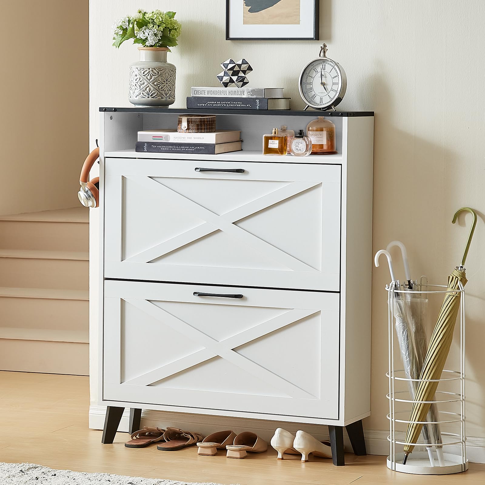 LELELINKY Shoe Storage Cabinet with 2 Flip Drawers,Farmhouse Narrow Shoe Organizer with Legs,Freestanding Hidden Slim Shoe Rack Cabinet with Open Storage for Entryway,Hallway, Foyer, White