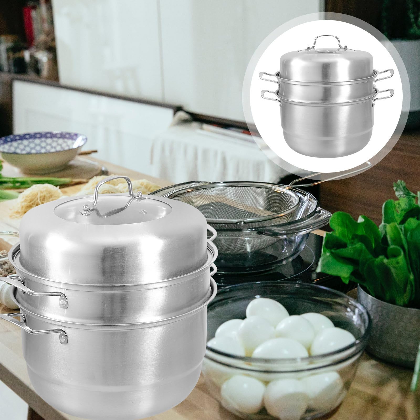 Dampfgarer zum Schonenden Dampfgaren aus Edelstahl mit Mehrschichtigem Design 3-stöckiger Topfset von Speisen für Küche