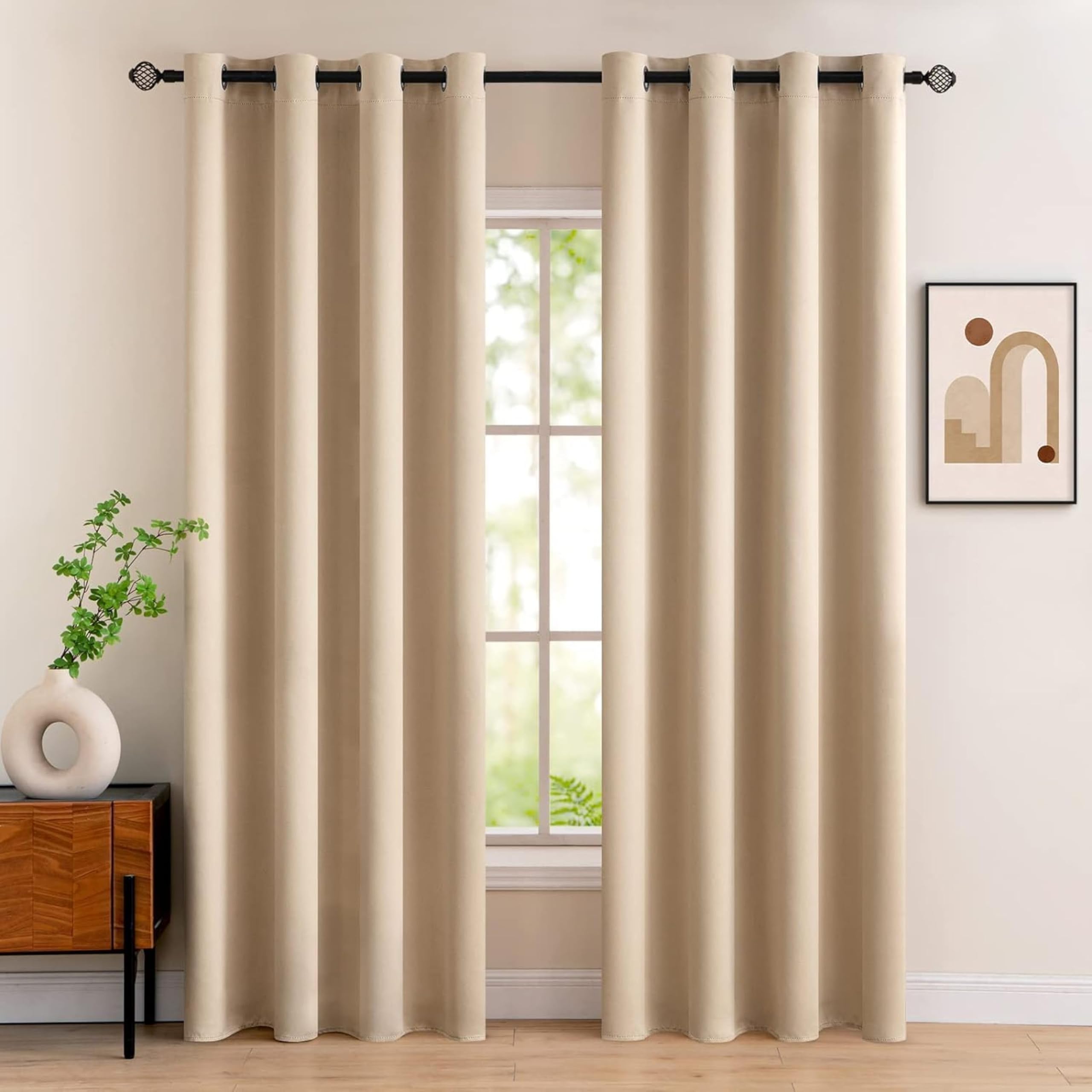 Kiara Creations 2 Piece Opaque Solid Room Darkening Thermal Insulated Blackout Curtains for Long Door 9 Feet, Beige