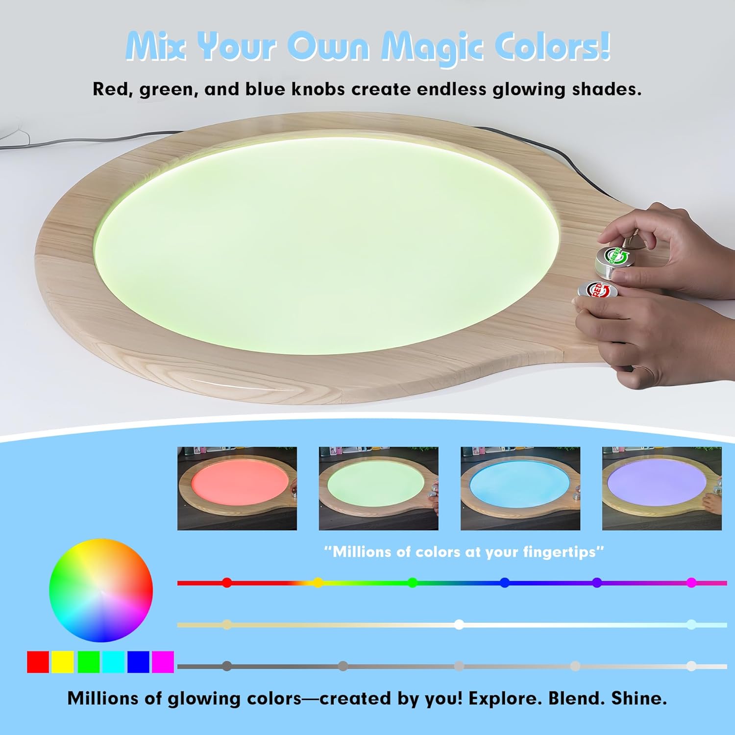 Rainbow Sync Sensory Light Pad – 26” Wooden RGB Light Panel with Knob Controls for Kids' Sensory Therapy, Visual Stimulation, Creative Play & Ambient Decorative Lighting