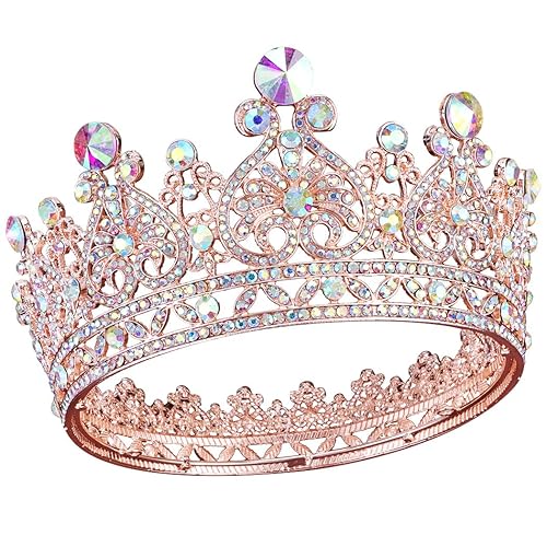 Aprince Tiaras y coronas redondas de cristal de oro rosa para mujer, tiaras para niñas, diadema de boda con diamantes de imitación, coronas para