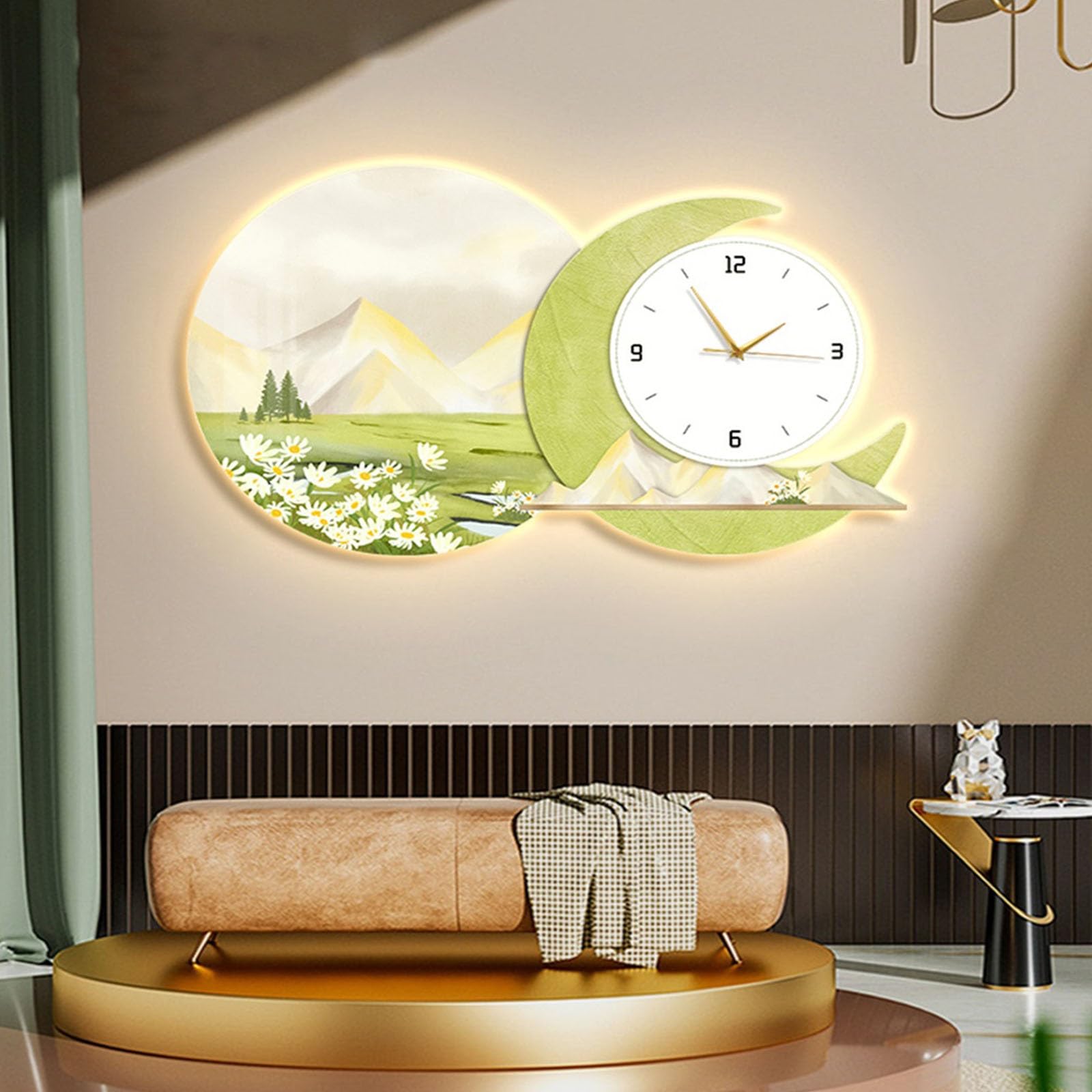 Dekoracyjny obraz z zegarem Crystal Porcelain Wall Painting Wall Clock Set, Wall Art Hanging Clocks, Luxury High End Modern Decorative Lampa ścienna(Green,80 * 60cm)