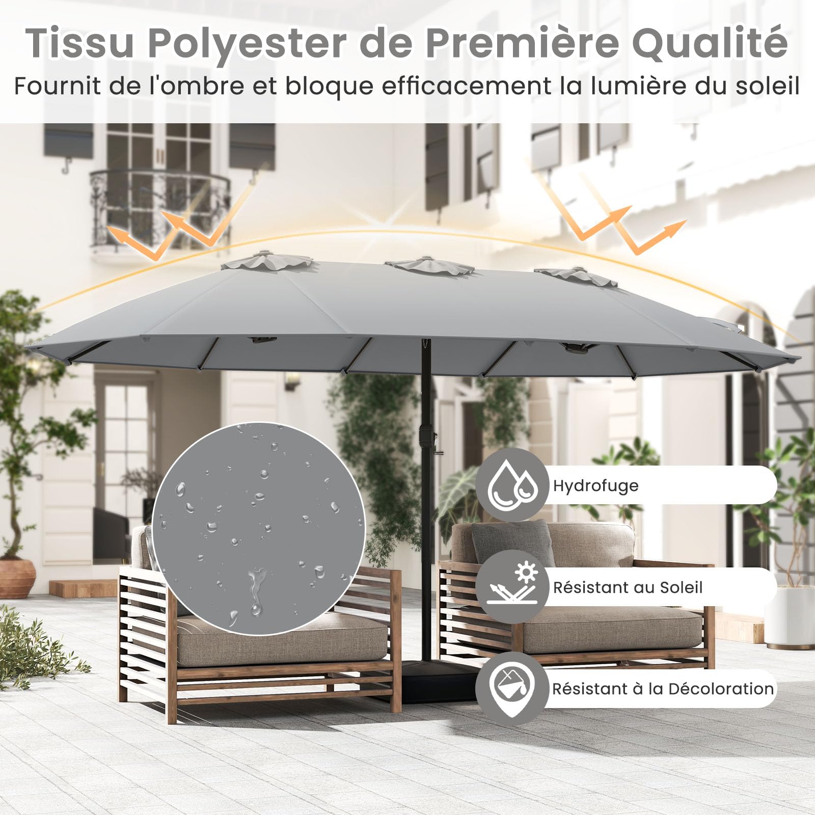 COSTWAY Parasol de Jardin Extérieur XXL avec Pied, Double 4,5 m, 12 Baleines en Métal, 2 Sacs de Sable, Manivelle, Grand Parasol pour 6 Personnes, pour Terrasse, Jardin, Piscine (Gris)