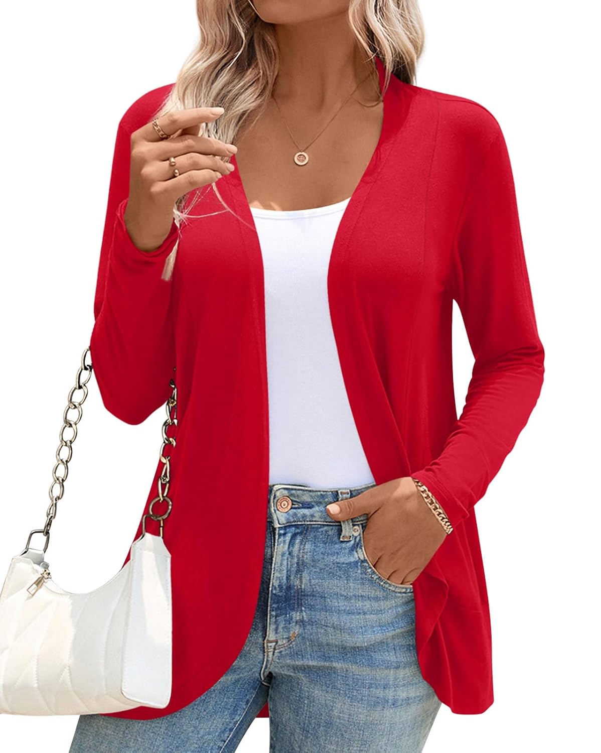 Anymiss Womens Open Front Long Sleeve Cardigan - Lightweight Casual Draped Cover Up S-2XL