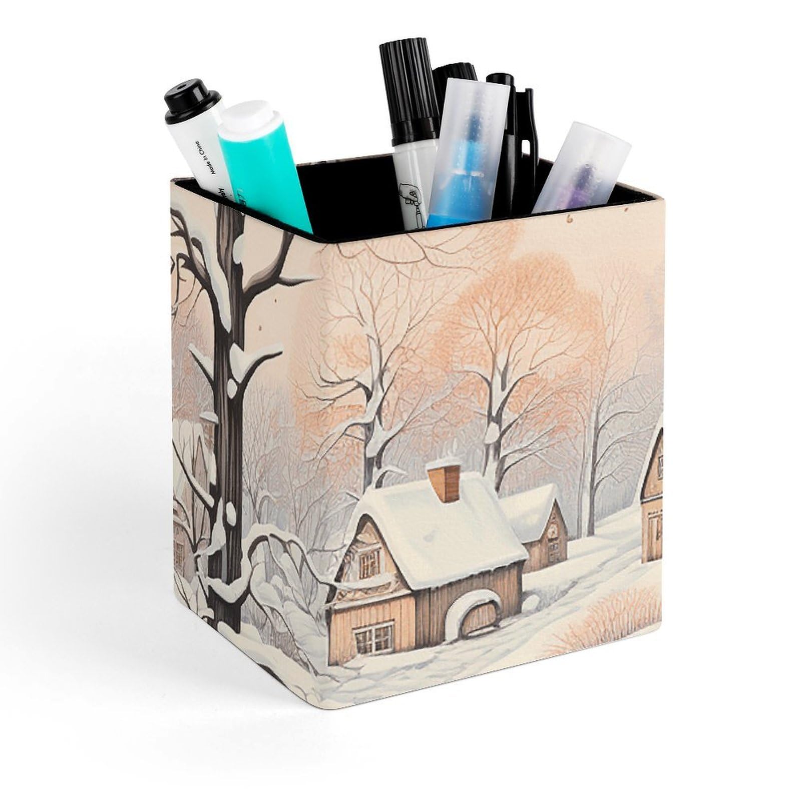 FekiLoot Snow And House Pencil Holder Square Leather Pen Holder Cup Modern Multi-Functional Pencil Cup Holder Decorative Desk Organizer Caddy Makeup Brush Holders for Desk Office