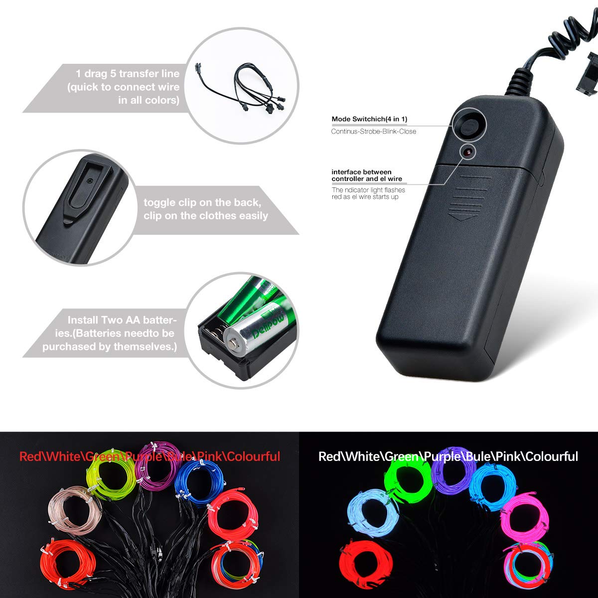 Balabaxer EL Wire Groen, 5 m Neon Lights Ruisonderdrukking Draagbare Neon Gloeiende Strobing Electroluminescent Draad voor Feesten, Halloween, DIY Decoratie