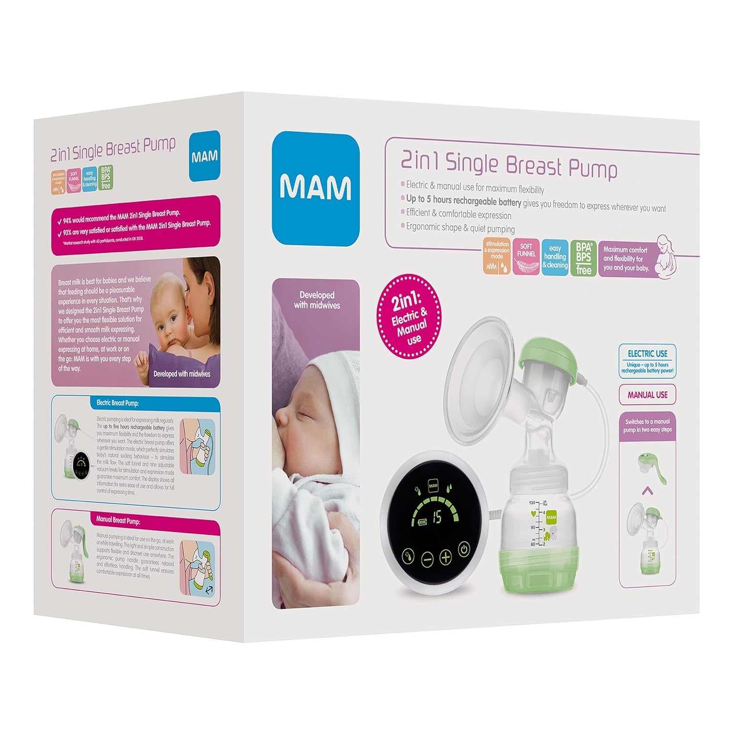 MAM 2in1 Milchpumpe, Hand & elektrisch, inkl. MAM Anti-Colic Flasche | Leises und komfortables Pumpen, weicher Silikon-Brusttrichter, Neugeborenen-Essentials