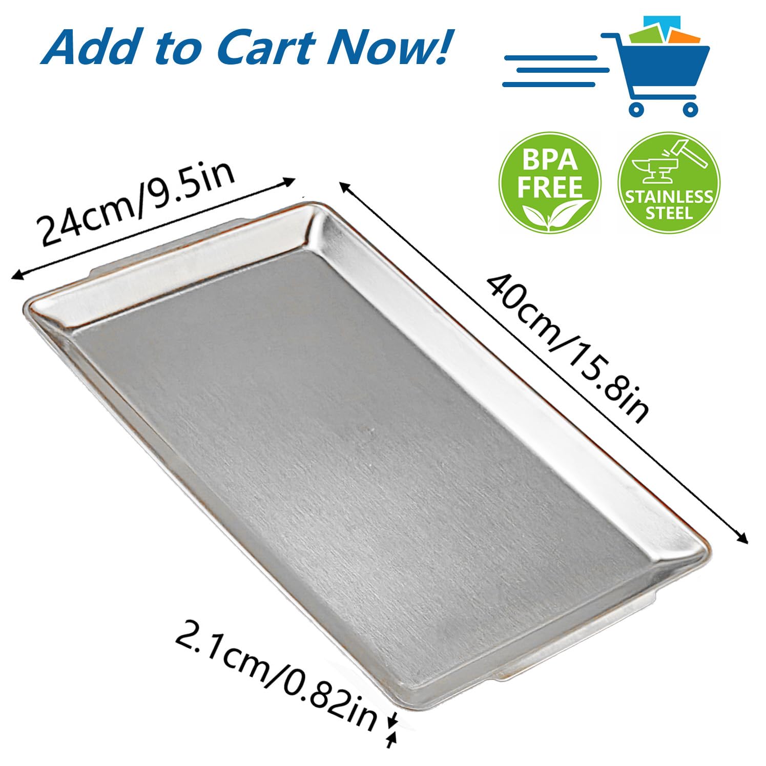 Confezione da 2 vassoi rettangolari per fast food in acciaio inox, 40 x 24 cm, Piatti da portata,argento