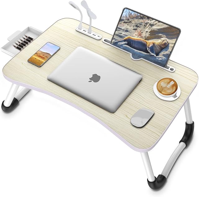 Zapuno Laptop Lap Desk, Foldable Laptop Table Tray with 4 USB Ports Storage Drawer and Cup Holder, Laptop Bed Desk Laptop Stand for Bed Lap Tray Portable Standing Table for Bed Couch Floor