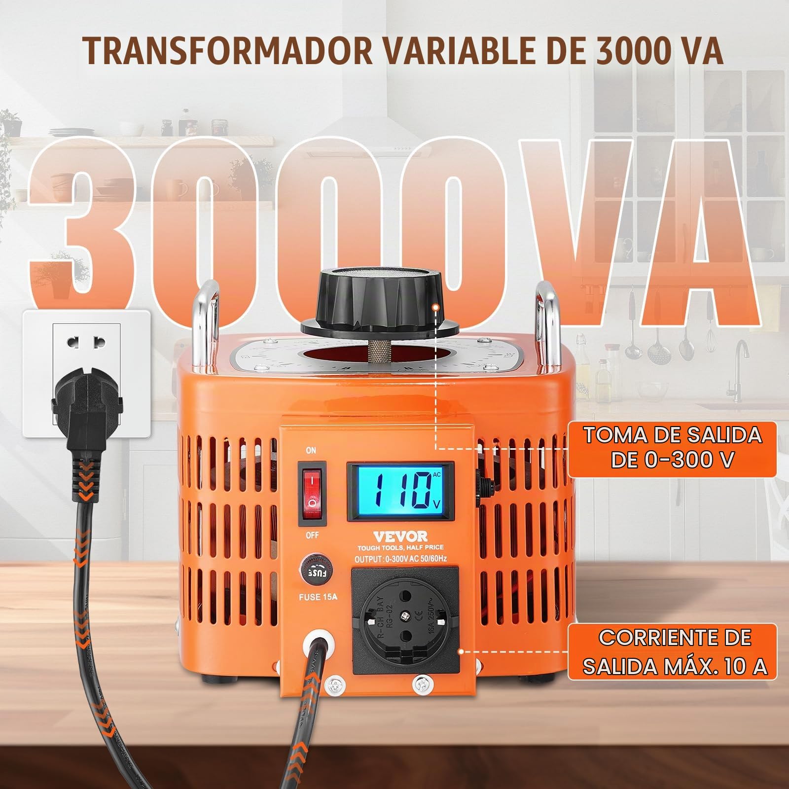 VEVOR Transformador de voltaje variable automático 3000VA, 10A, entrada 230V, salida 0-300V, regulador de voltaje CA LCD 4 fusibles, interruptor de control térmico para oficina industrial en el hogar