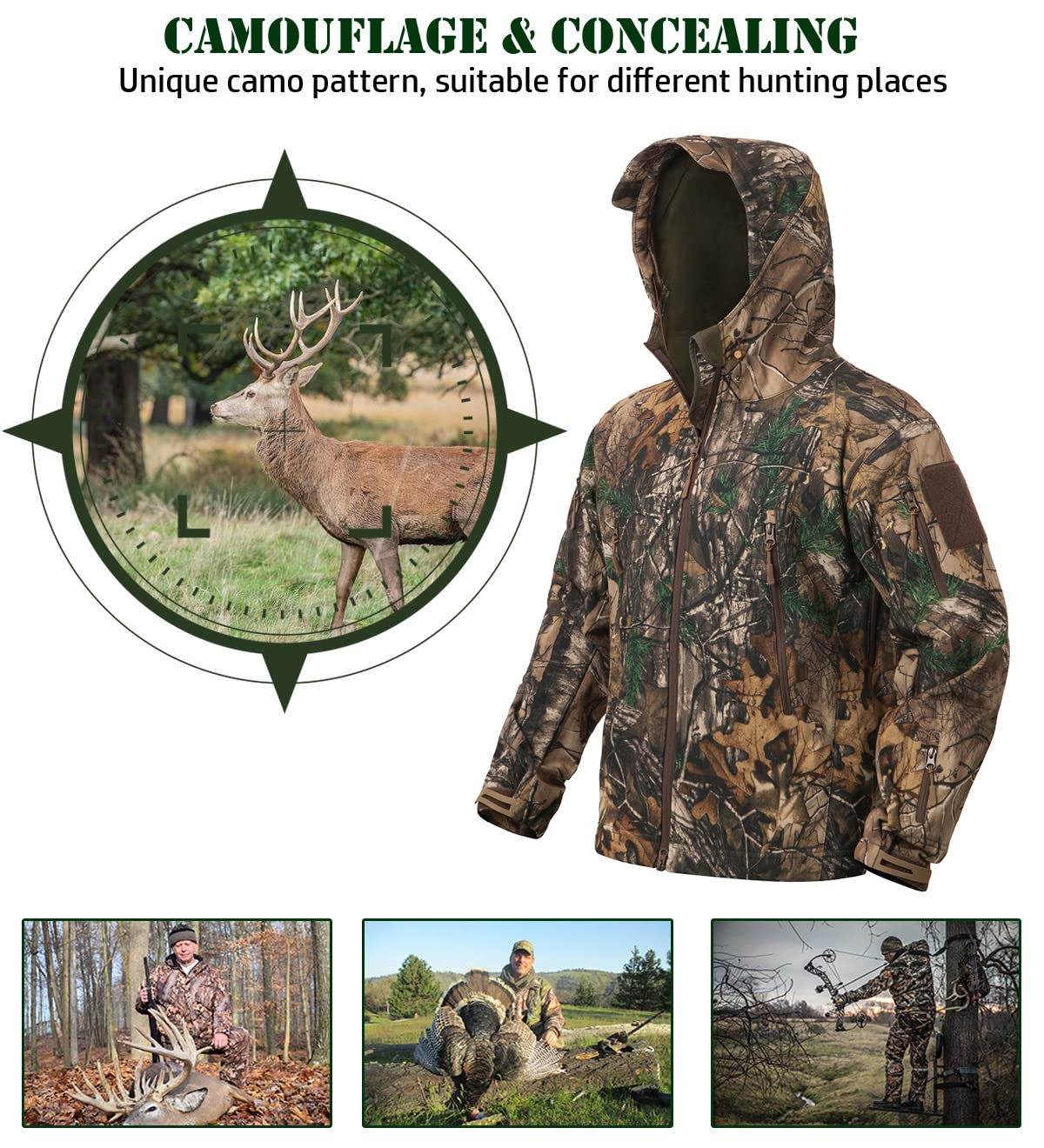 NAVEKULL Stille Jagdkleidung für Herren, Softshell-Outdoor-Wanderjacke, Camouflage, wasserabweisend, Fleece, Kapuzenmantel mit Taschen